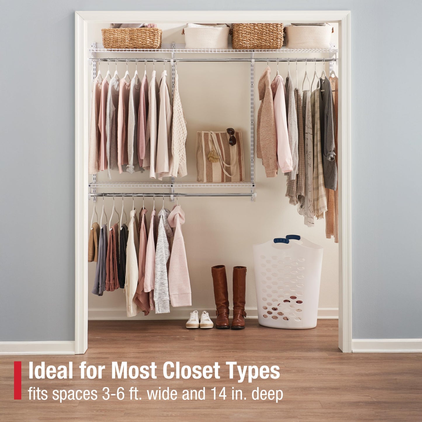 Rubbermaid Configurations Custom Closet Kit 3-6 Ft. Adjustable Metal Wire Shelving White Finish Expandable Organization System Hardware Included for Home Closet/Pantry/Laundry/Mudroom
