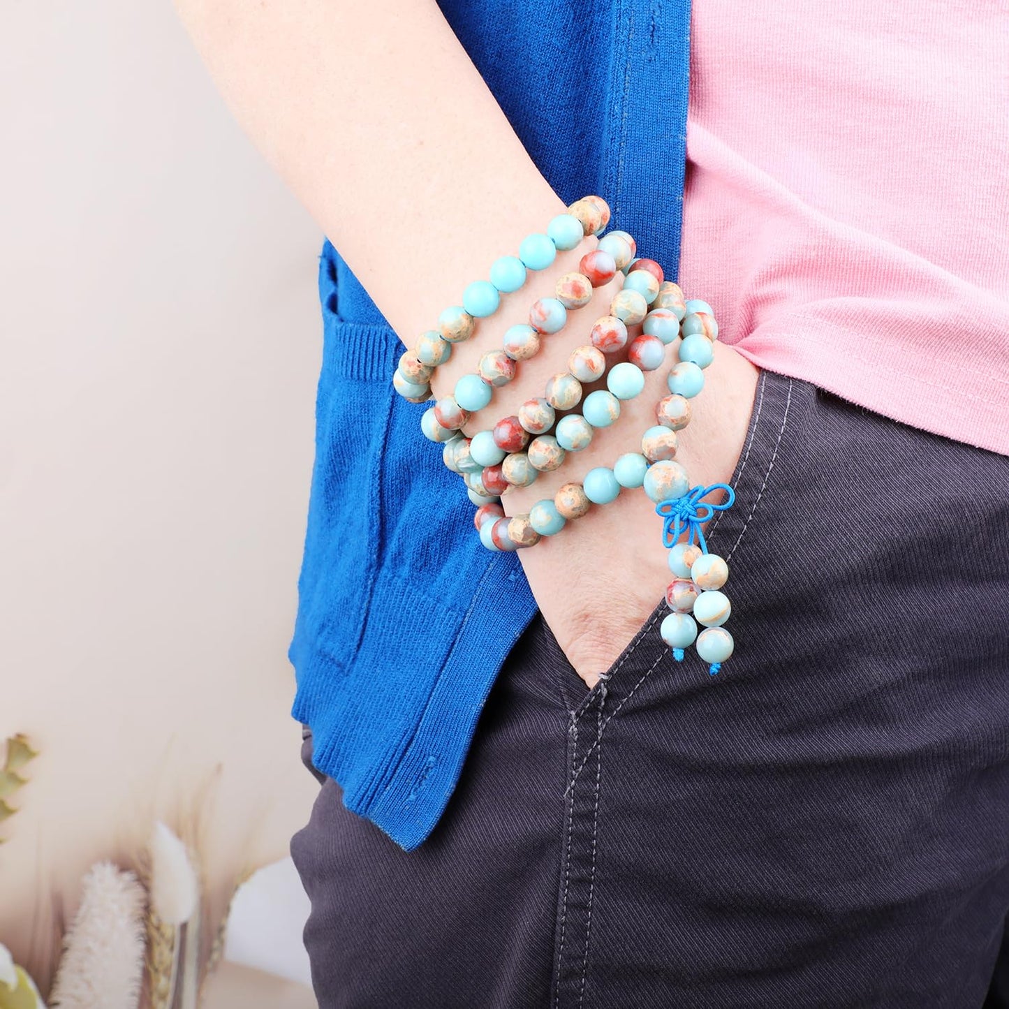 AD Beads 8mm 108 Prayer Mala Agalmatolite Elastic Bracelet - Peace and Tranquility - Handmade Yoga Meditation Healing Power Energy Gifts for Unisex Adult.
