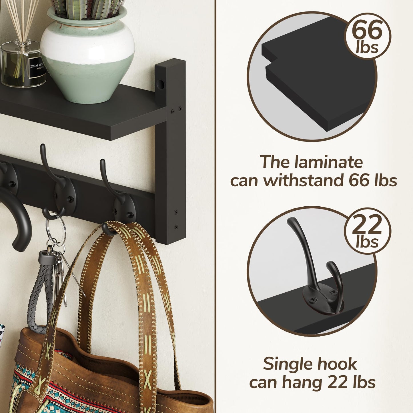 AMBIRD 34.2" Extra Long Wooden Wall Hook Rack with Shelf - Versatile and Decorative Wall-Mounted Storage with 10 Hooks for Coats, Hats, Keys - Ideal for Entryways, Bedrooms, Closets (Stylish Black)