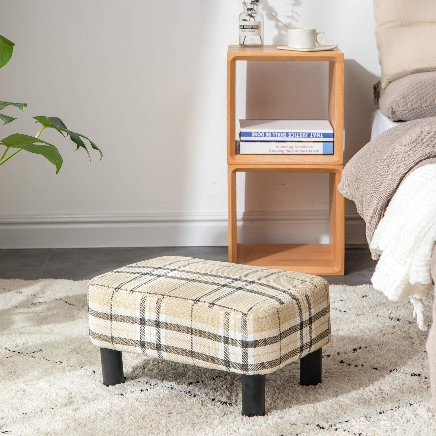 IBUYKE 16.54" Small Footstool, Linen Fabric Pouf, with Padded Seat Pine Wood Legs and Padded Rectangular Stool, for Bedroom, Stripe RF-BD215