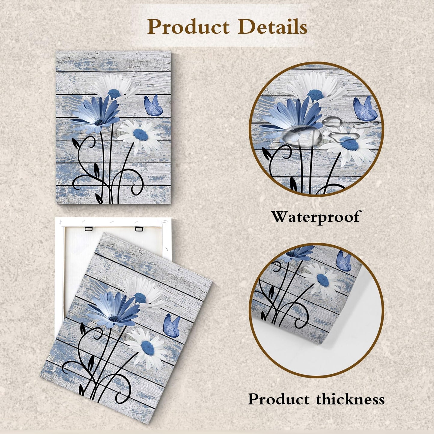 HVEST Farmhouse Floral Wall Art for Living Room, Blue and White Daisy Flower and Butterfly on Rustic Wood Board Canvas Wall Art Framed Artwork Ready to Hang for Bathroom Bedroom Decor, 16L X 12W