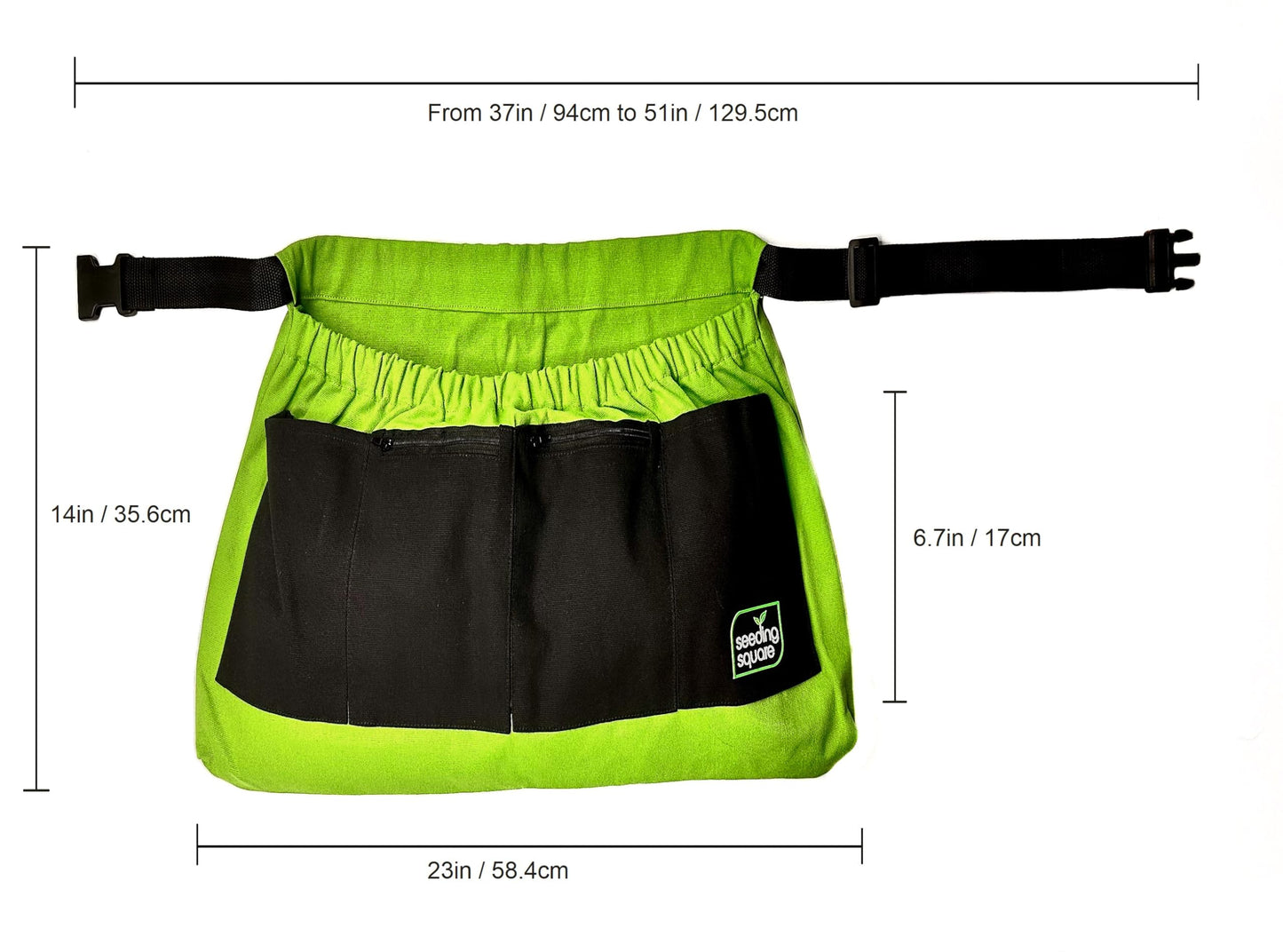 Seeding Square Harvest Garden Apron – pick fruits, vegetables, eggs and weeds & store small tools, seeds and personal items (Black Pockets on Green)