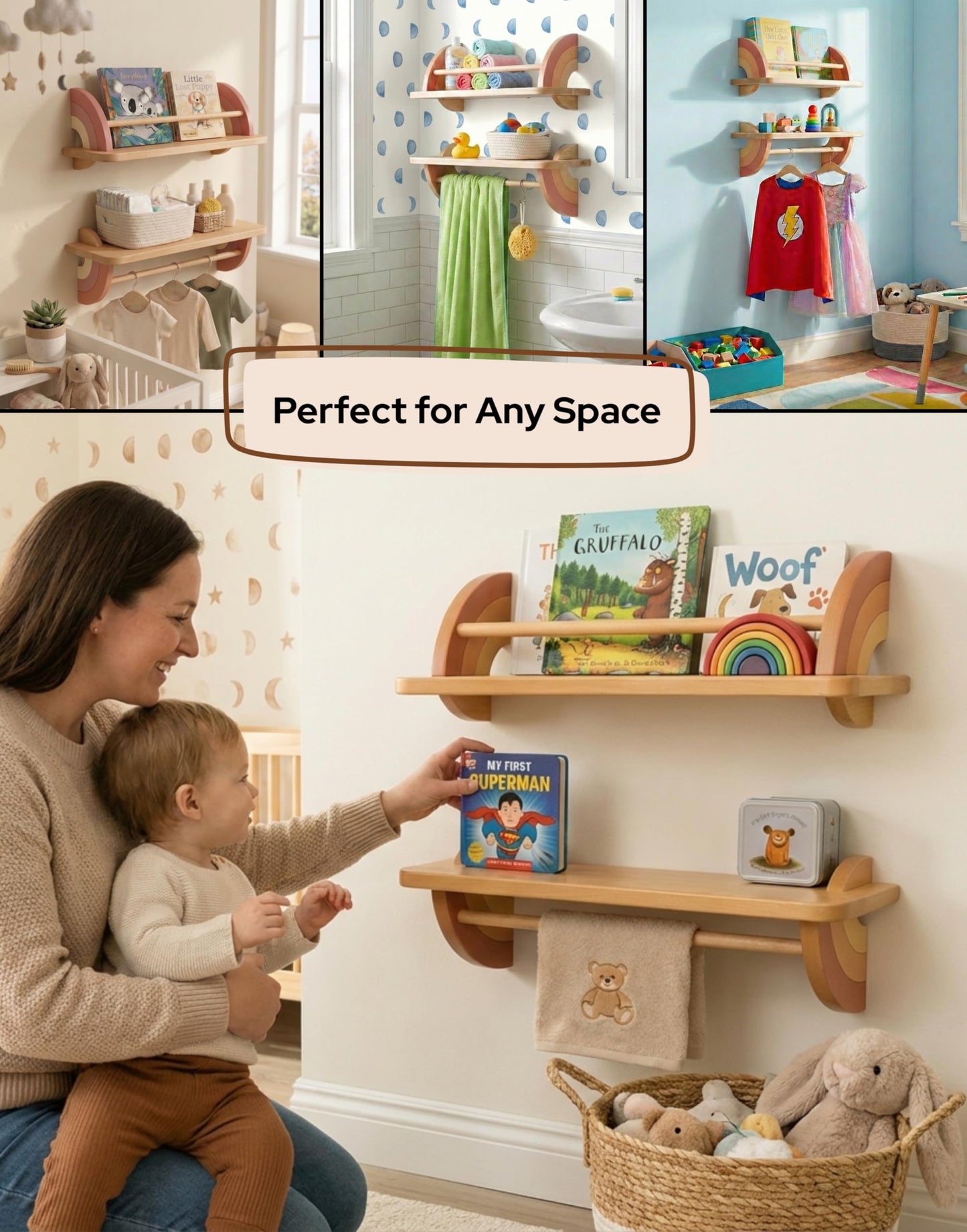 KitzeyBee Nursery Book Shelves Set of 2 - Solid Beech Wood Rainbow Floating Bookshelf for Kids Wall, Wall Mounted Toddler Bookshelf with Hanging Bar for Baby Room Decor, Holds 25 lbs (Pastel, 19.7in)