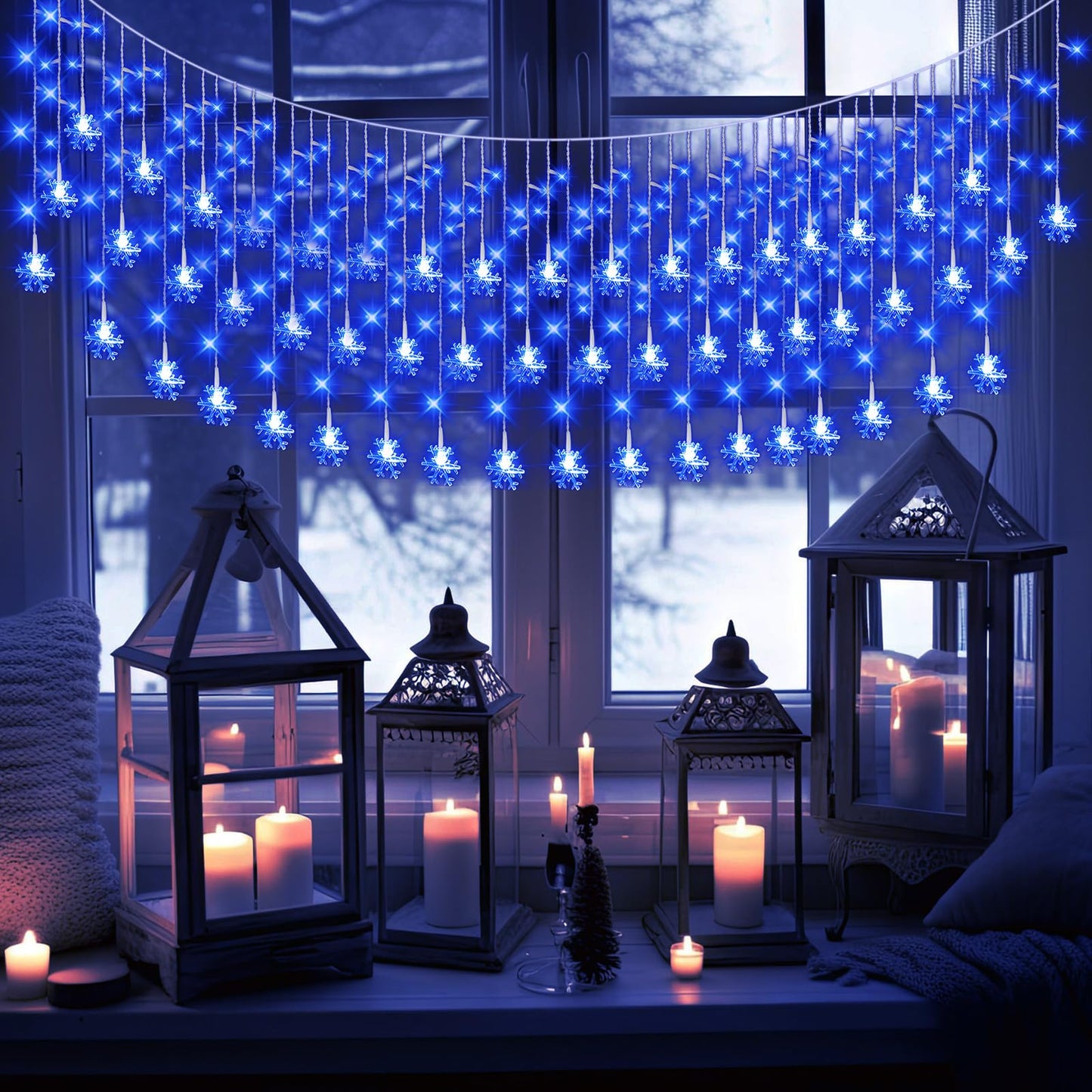 Aurelema Christmas Snowflake Icicle Lights, 33 ft Outdoor Snowflake Lights with Remote 8 Mode Waterproof 380 LEDs 76 Drops for Curtain Eaves Garden Indoor Outdoor Xmas Home Decor Wedding(Blue)