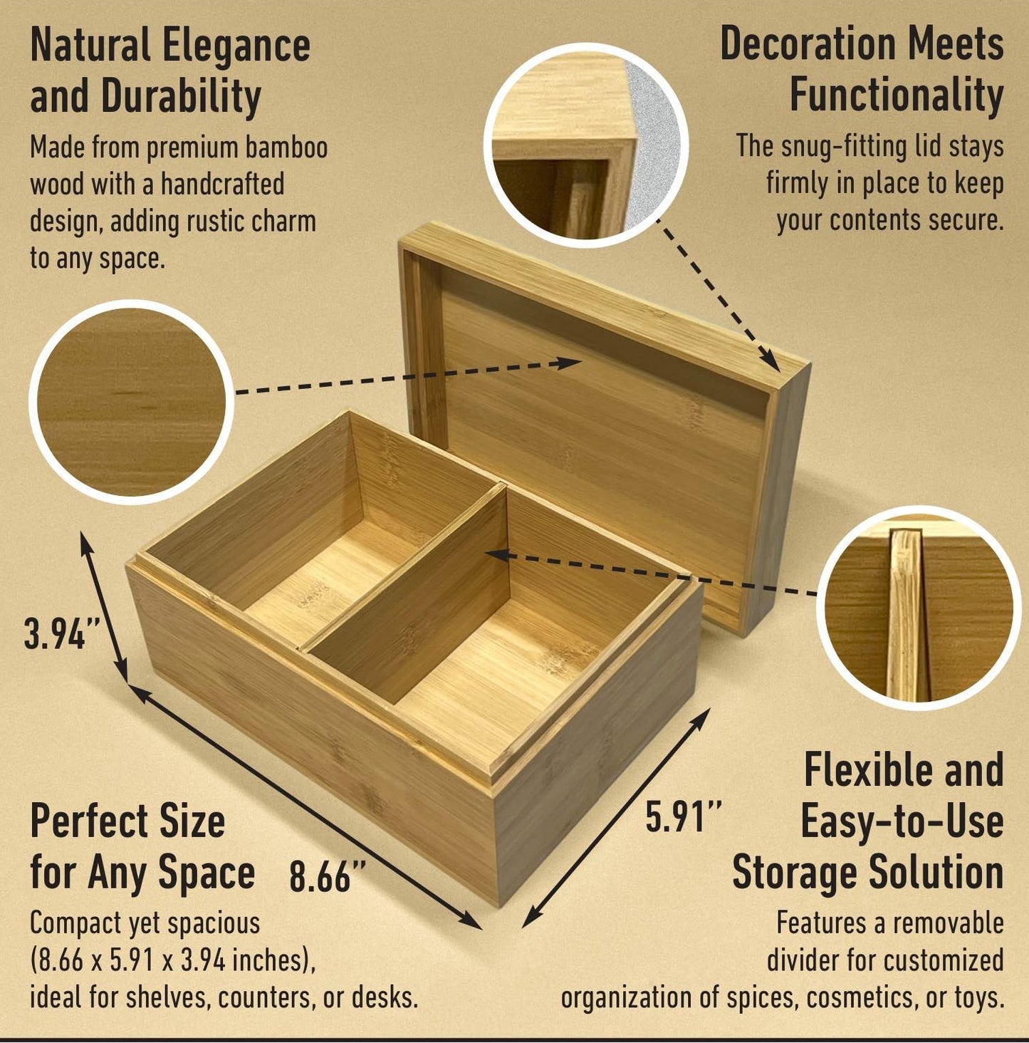 ChicDecor Bamboo Wooden Storage Box with Lid – Natural Wood Organizer with Removable Divider, 8.66 x 5.91 x 3.94 Inches – Decorative Jewelry, Kitchen, Bathroom & Home Organizer