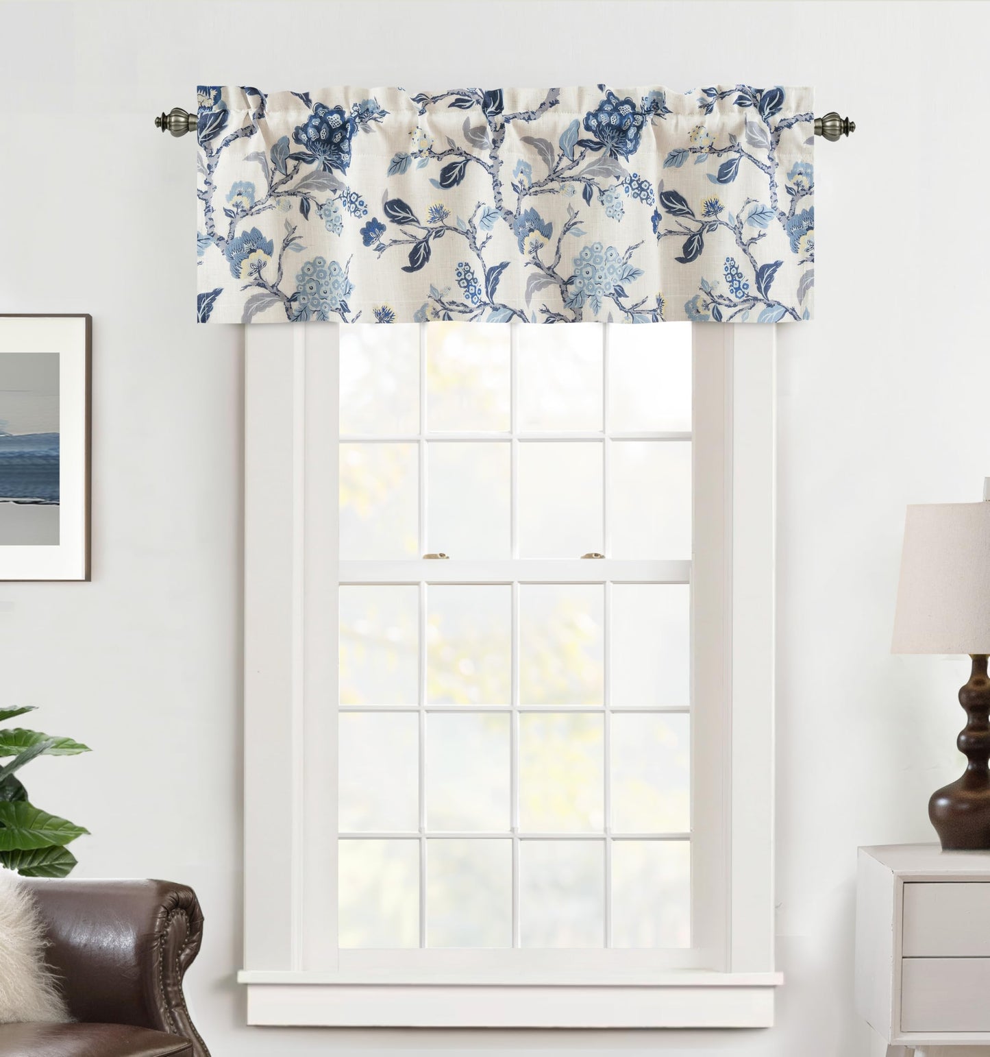 DriftAway Ada Botanical Print Lined Flower Leaf Thermal Insulated Linen Blend Window Valance Rod Pocket 52 Inch by 14 Inch Plus 1.75 Inch Header Navy 1 Pack
