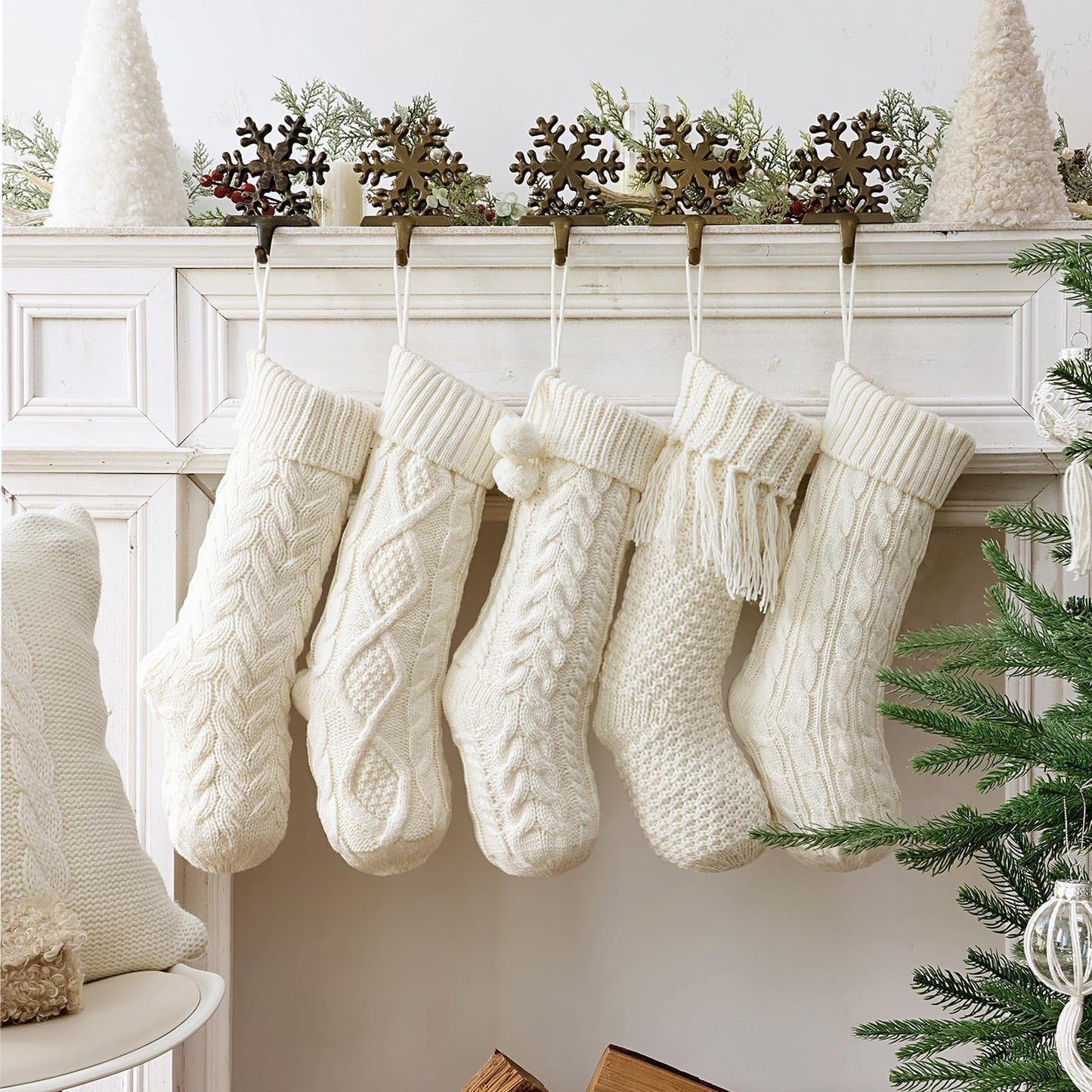 Farmhouse Knitted Personalized Christmas Stockings: 5 Pack 18 Inch Rustic Cable Knit Fireplace Cozy Hanging Xmas Stockings Boho Style Stocking Decorations for Family Holiday Décor, White Beige