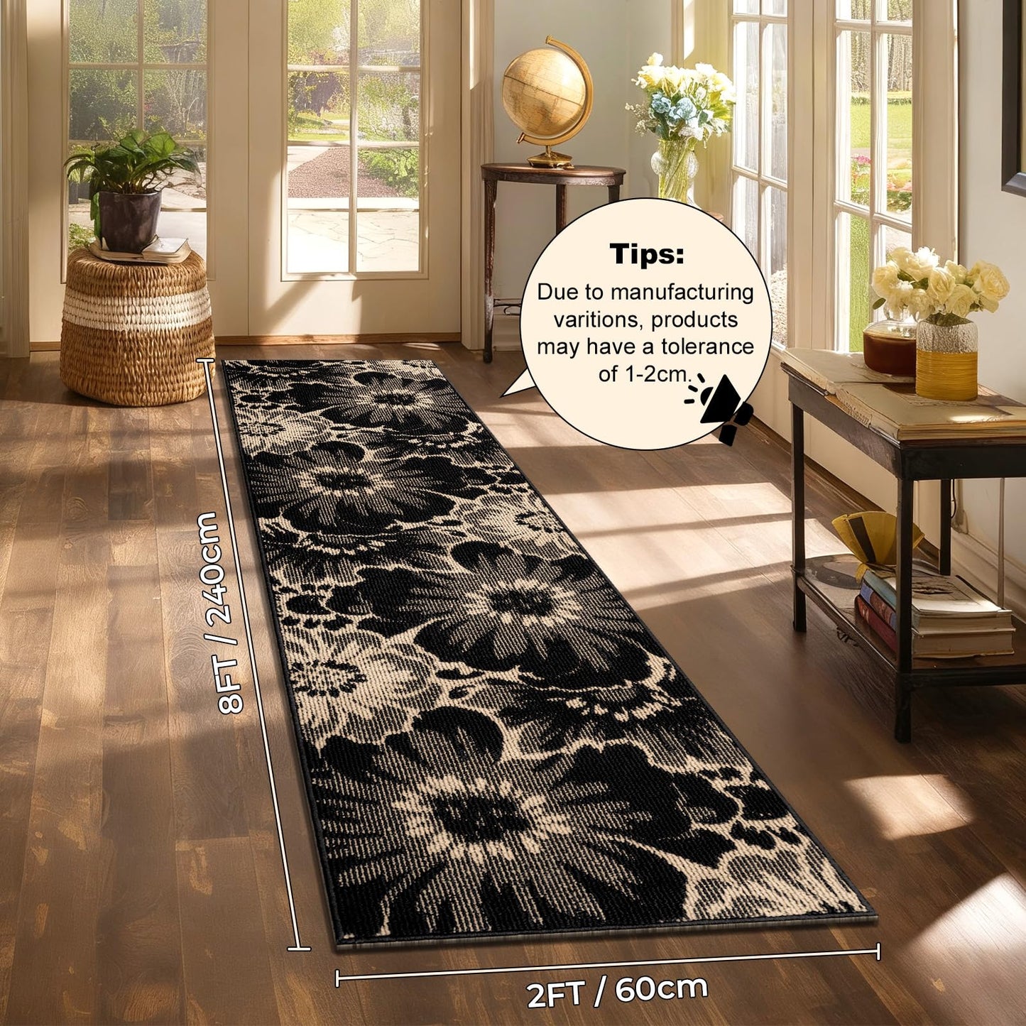 Findosom Hallway Runner Rug 2x8, Non Slip High-Low Textured Floral Washable Runner Rug with Rubber Backing, Boho Carpet Runner for Kitchen, Entryway, Bedroom, Laundry, Black & Beige