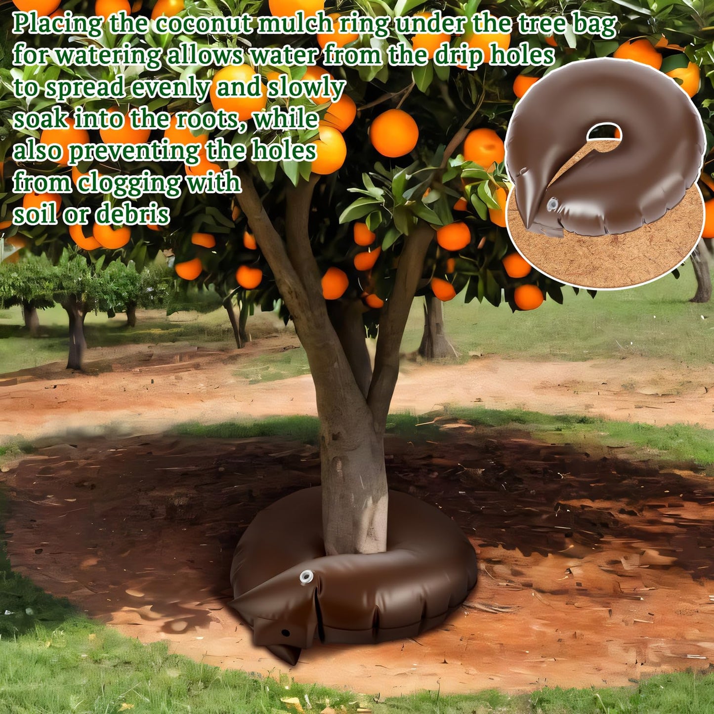 Sunnychicc 4 Set Tree Watering Ring 20gal Watering Bags with Coconut Fiber Mulch Ring – Deep Root and Slow Release Automatic Drip Irrigation System for New Trees, Multi-Trunk Trees and Shrubs