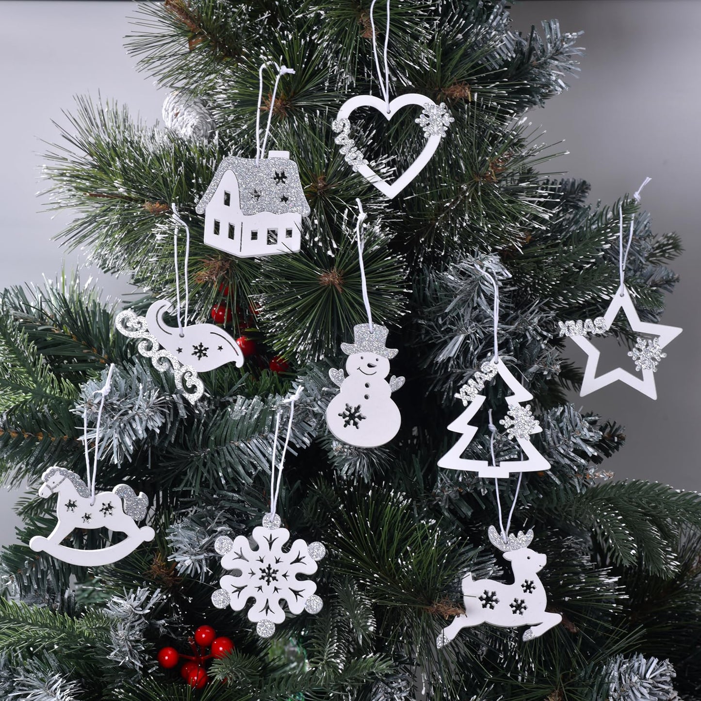 27Pcs Pieces Christmas Wooden Tree Decorations, White Silver Hanging Ornaments Set, Winter Holiday Party Snowflake Elk Snowman Decor Crafts for Xmas Wonderland Home Door Wall Window Box (White Silver)