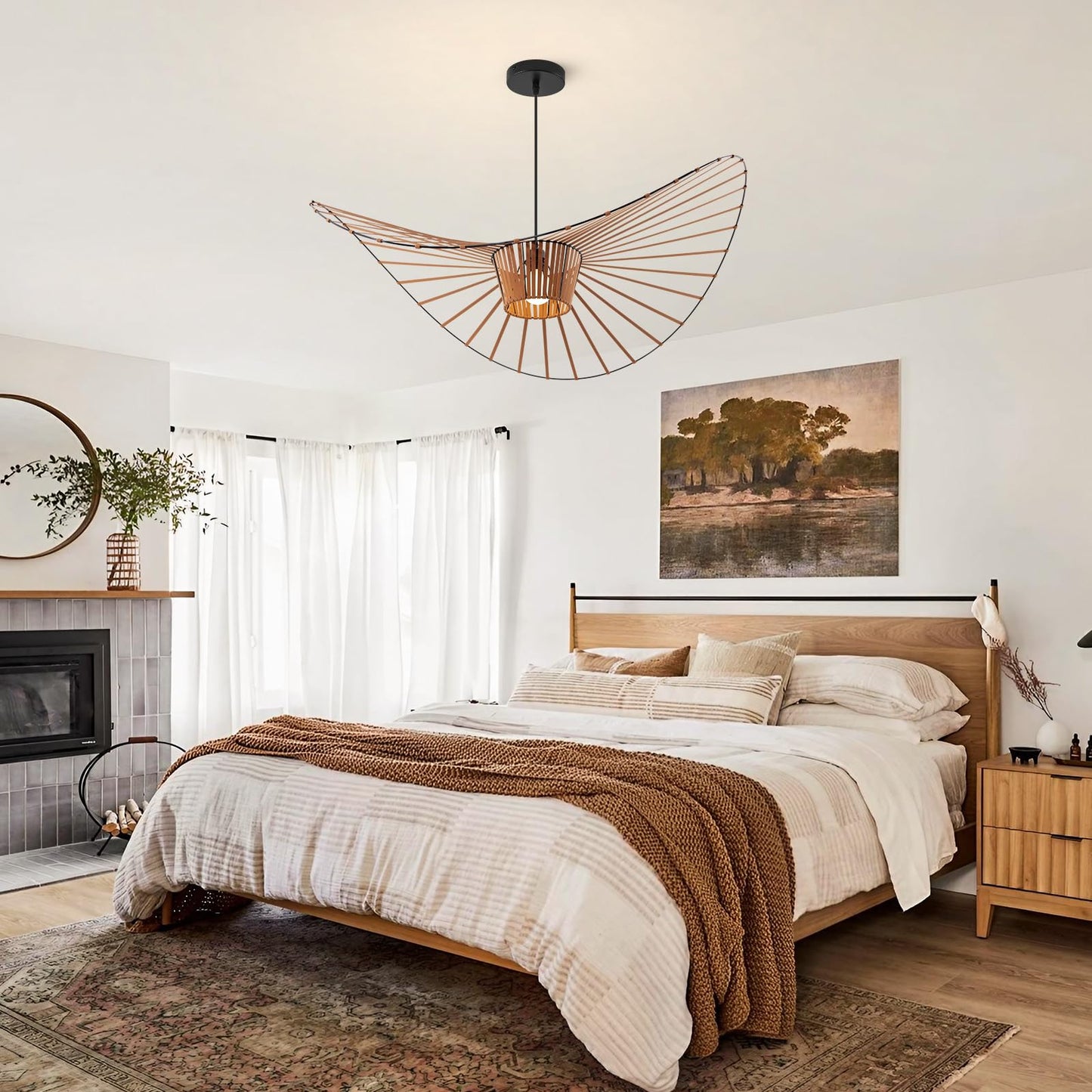 Brown Woven Chandelier, D39" Creative Straw Hat Shape Pendant Light Fixtures, Stretch Fabric+Fiberglass Material, Modern Boho Large Chandeliers, Suitable for Living Room, Bedroom, Dining Room, Office