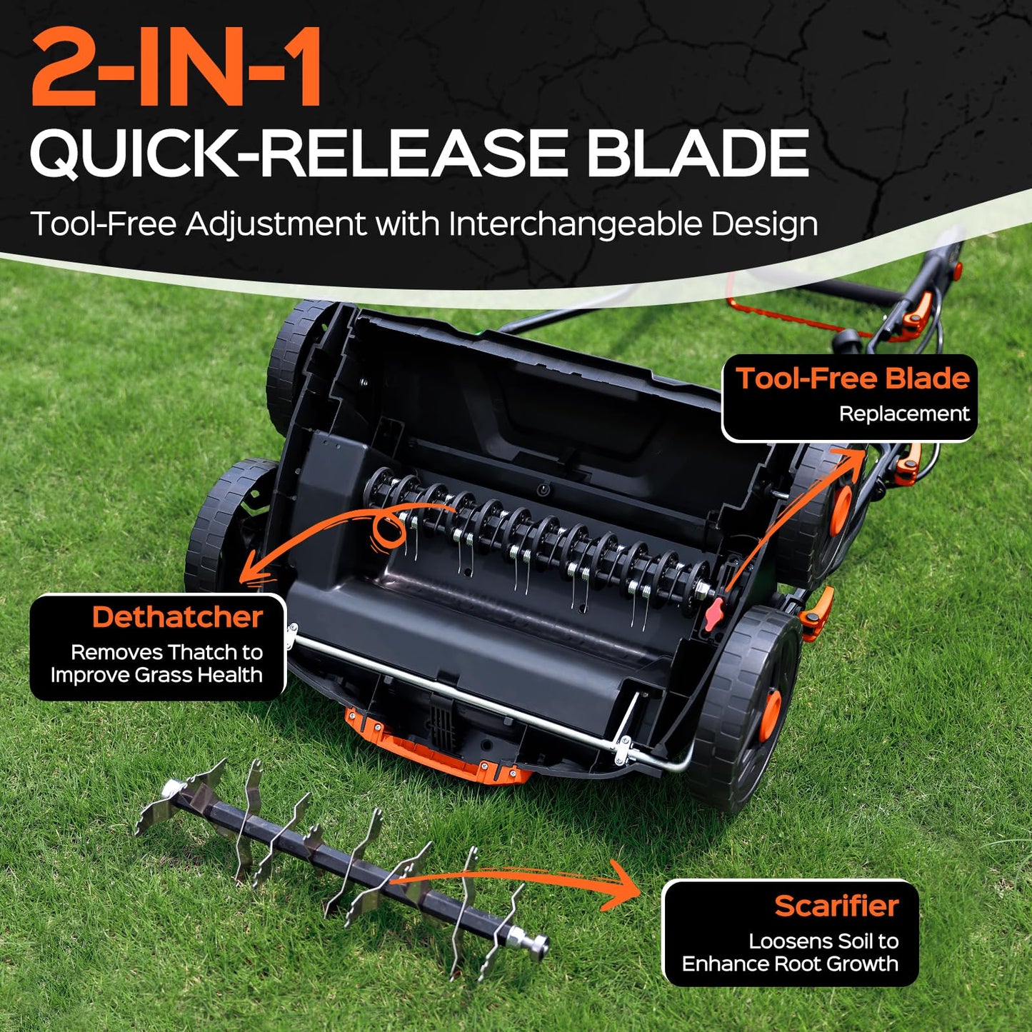 TIECTOWN 2026 Upgrade 16-Inch 15.5 Amp 2-in-1 Electric Dethatcher and Scarifier with 14.5-Gallon Collection Bag, Lawn Dethatcher with 5-Position Depth Adjustment, Keeps Lawn Healthy - Orange