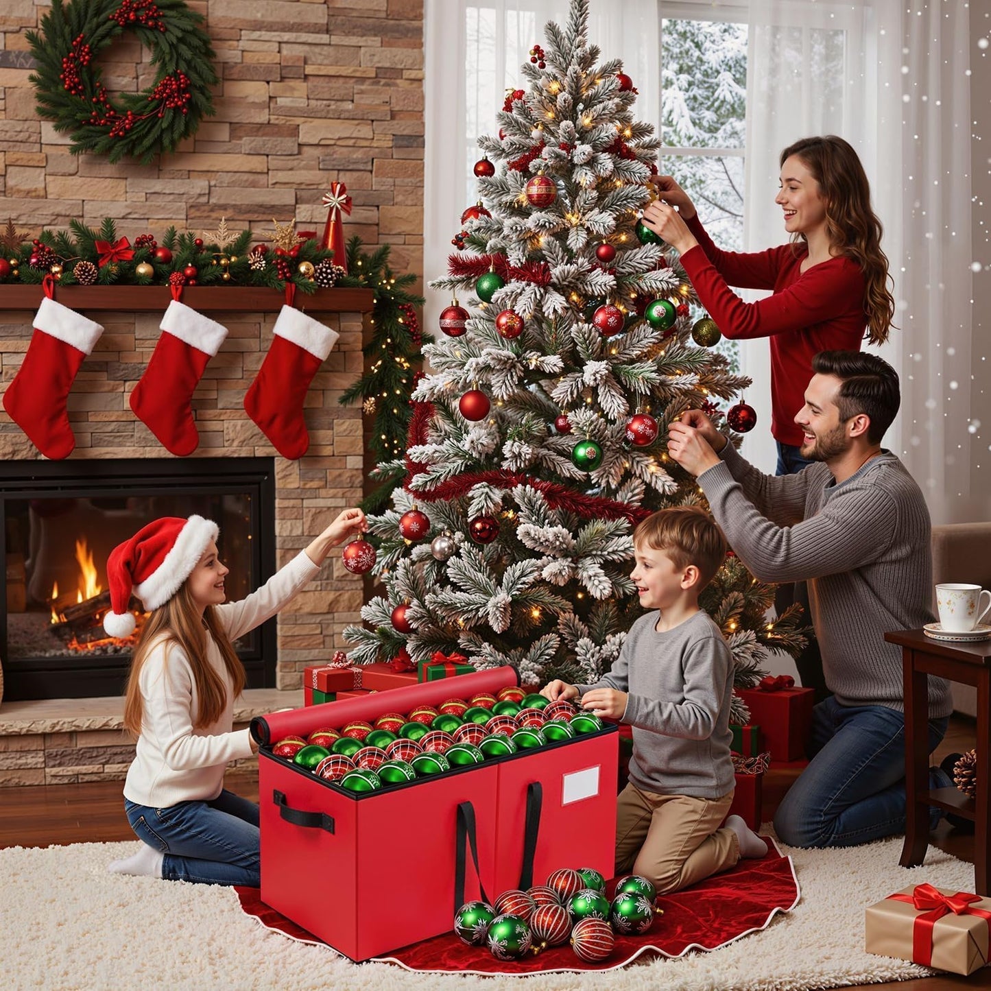 EverMerry Christmas Ornament Storage Box - Large & Sturdy Christmas Storage Container with Adjustable Dividers, 8 Individual Trays and Handles, Holds up to 128 Holiday Decorations (Red)