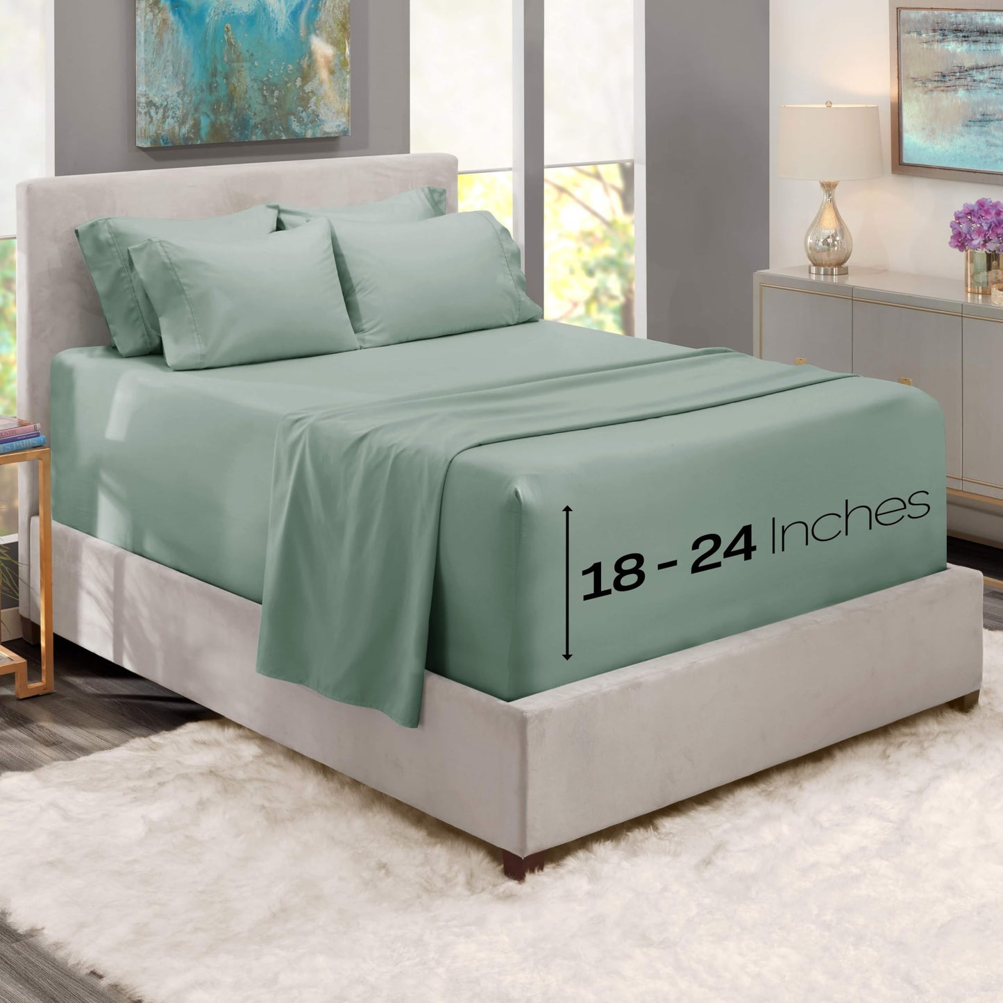Hearth & Harbor Bed Sheets, Luxury Soft 6 Piece Bed Sheet Set Extra Deep Pocket Fitted Sheets Fits Mattress up to 21", Double Brushed Bedding Sheets & Pillowcases, Queen, Ice Green