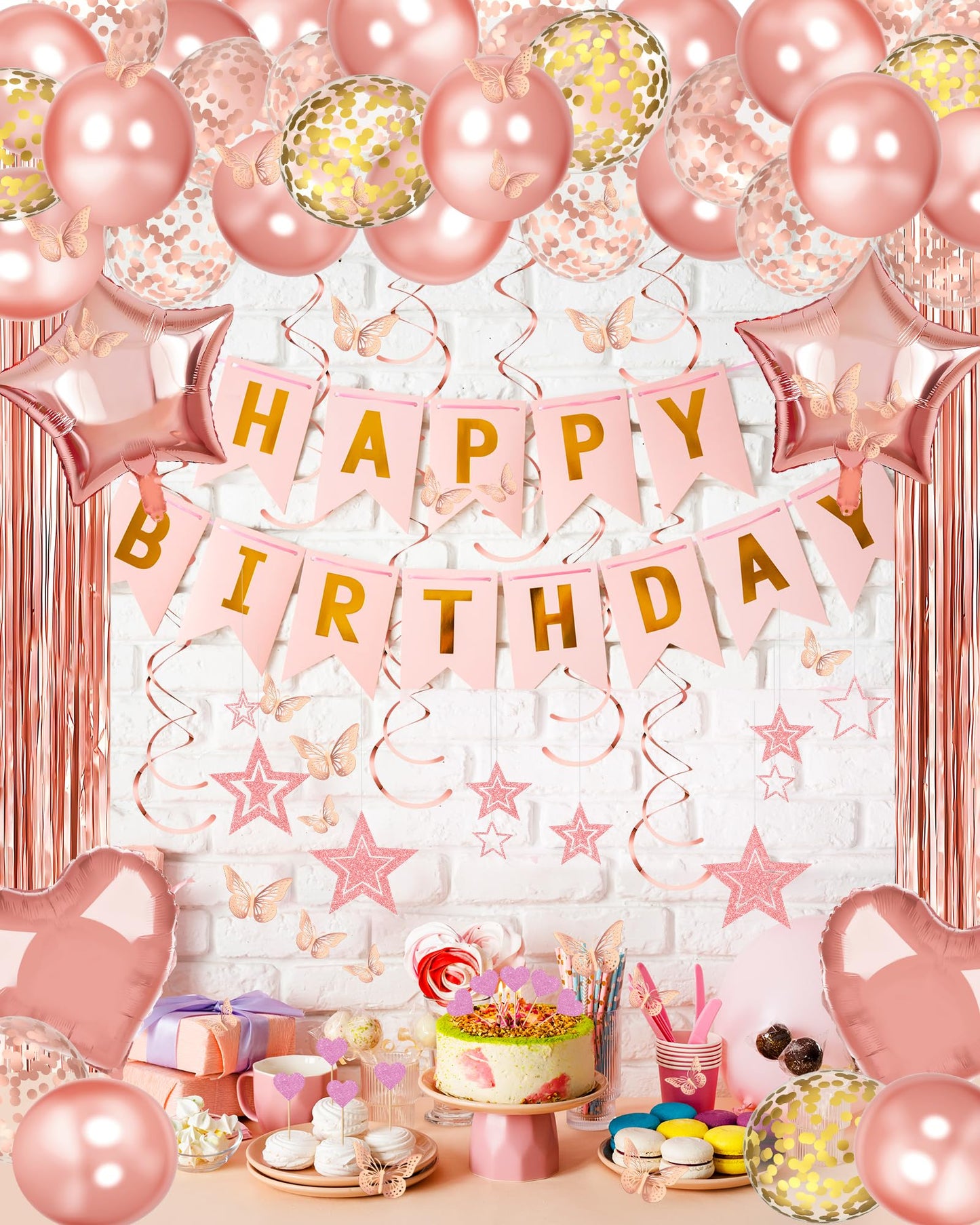 Lutoys Rose Gold Happy Birthday Party Decorations, Happy Birthday Banner, Rose Gold Foil Heart Star Confetti Balloons Curtain Backdrop Hanging Swirls Party Decor for Girls Women Princess