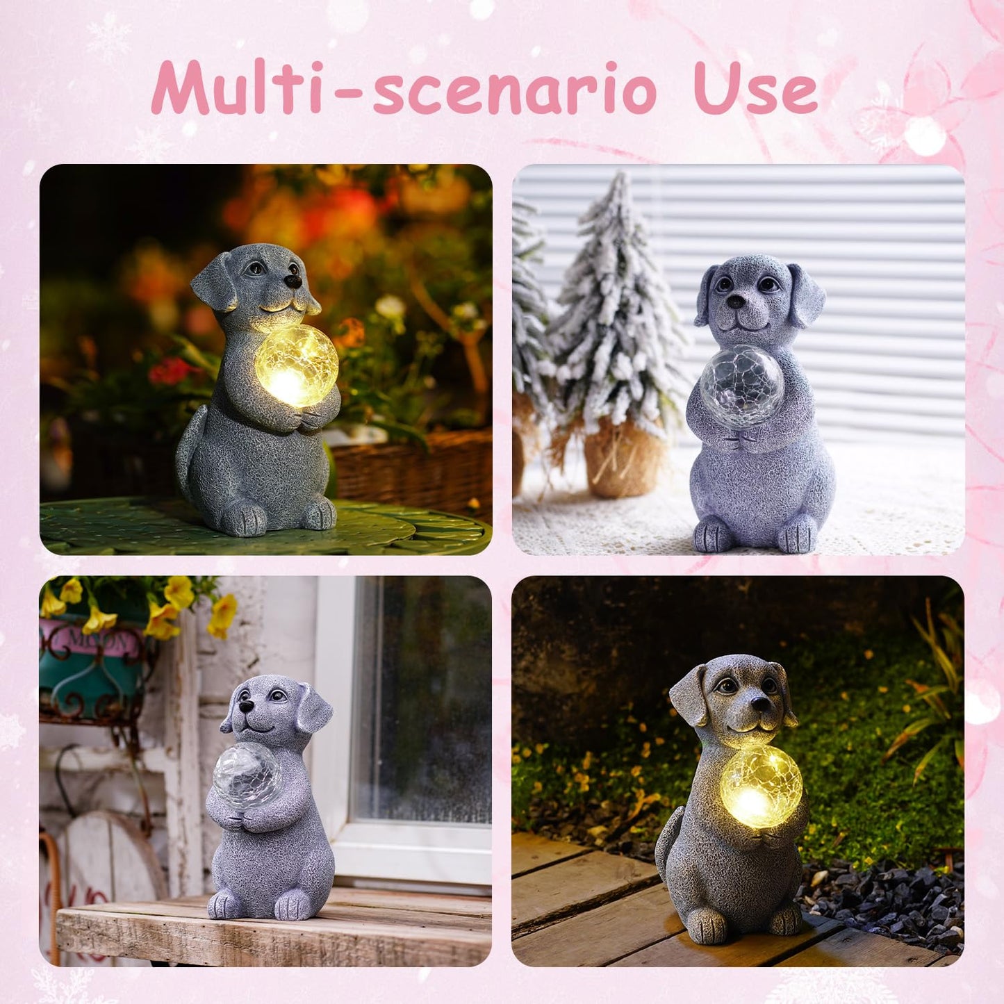 Tiejiajiang Dog Garden Statues - 8.4 Dog Decor with Gazing Ball LED Lights, Unique Gifts for Mom Grandma Birthdays, Outdoor Decor for Outside Lawn Porch Patio (Gray)