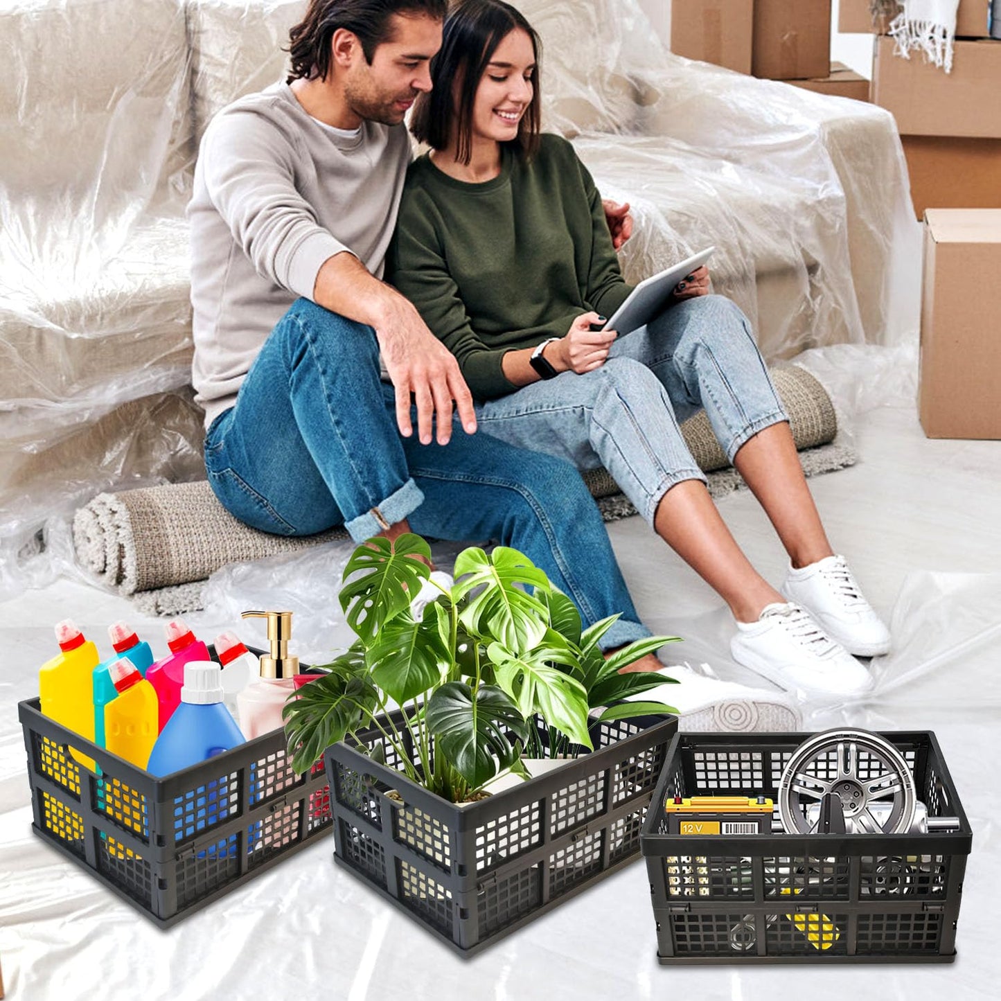 CONLI 3 Pack 34L Large Plastic Folding Crates for Storage, Collapsible Crate for Storing Food Bottle Toy Book Rectangular Storage Crate for Home Office Kitchen Classroom