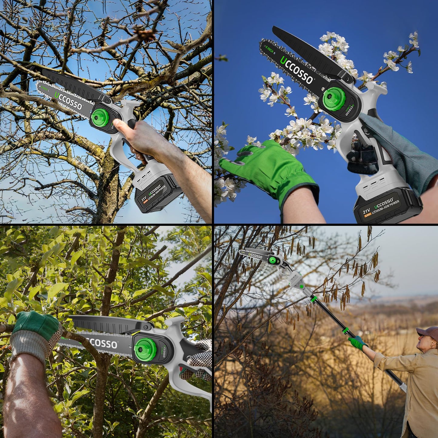 3-in-1 Electric Pole Saws for Tree Trimming 6&8" Mini Chainsaw Cordless with Extension Pole,850W Brushless Motor,Auto Oiling,Total Reach of Max 15ft,Pole Saw for Home & Garden & DIY-Gray