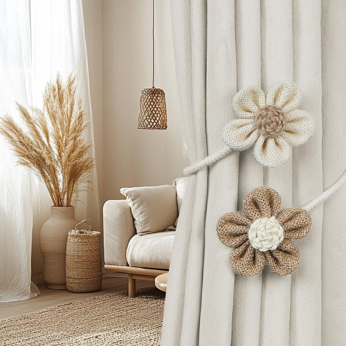 KLOGTSIND Flower Curtain Tiebacks, 2 Pack Boho Curtain Ties Elegant DIY Curtain Holdbacks, Decorative Window Drape Twist Tie Backs for Bedroom Decor, Nursery Decor, Farmhouse Decor