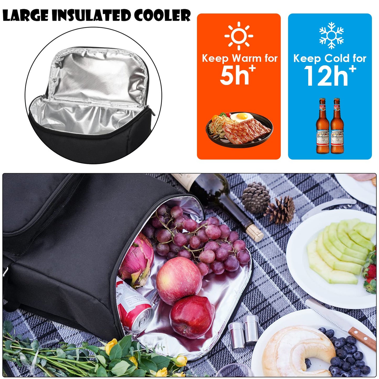 Picnic Backpack for 4 Person with Large Insulated Cooler Bag, Picnic Basket Set with Wine Pouch, Waterproof Picnic Blanket & Cutlery Set. Perfect for Beach, Camping, Party,Wedding Gift for Couple.