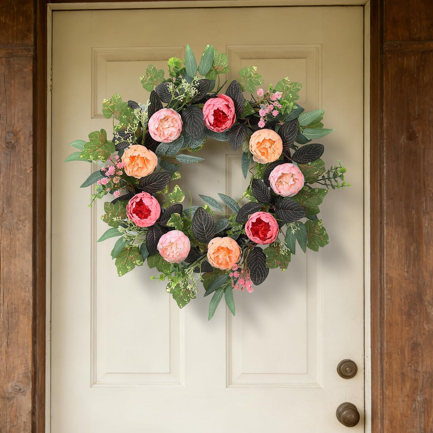 20" Peony Wreath for Front Door – Spring Summer Artificial Pink Peony Floral Wreath for Wall, Window, and Wedding Decor