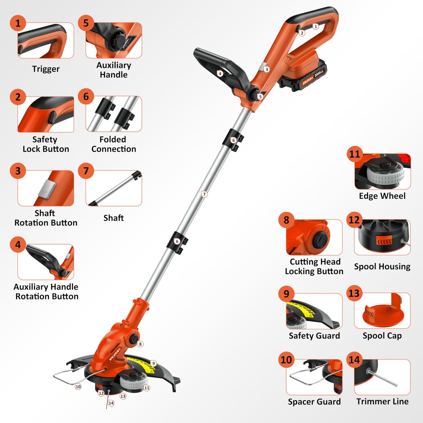 JAGROM Electric String Trimmer Cordless with 2x2.0Ah Battery, 20V Battery Powered 12-inch Lawn Mover & Edger Lawn Tool with Charger, Powered Grass Trimmer with 8pcs Spool Line for Yard, Garden, Orange