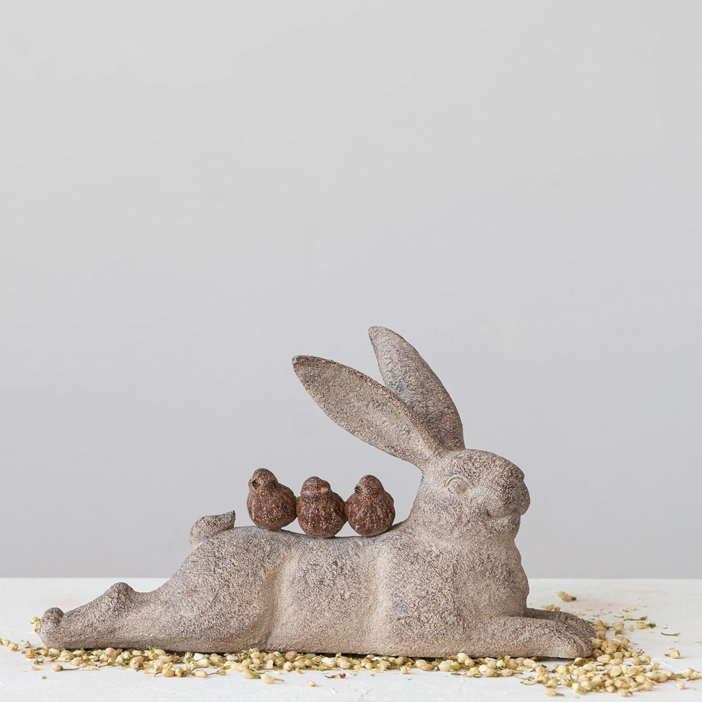 Creative Co-Op Decorative Resting Rabbit with Birds Figurine, Brown