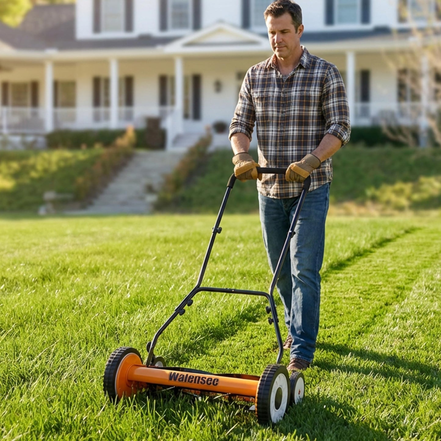 Walensee Push Reel Lawn Mower, 20-Inch 5-Blade Cordless Manual Reel Lawn Mower, Walk-Behind Steel Lawn Mower with 9-Position Cutting Height Adjustment & Sponge Grip