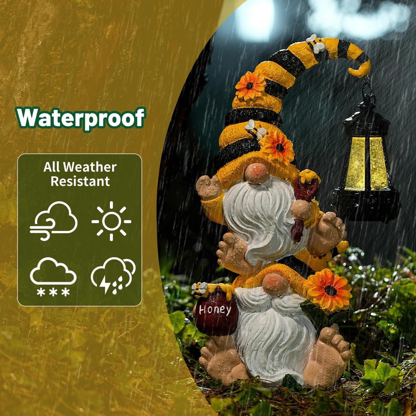 QZZP Solar Bee Garden Gnomes with LED Lantern – Waterproof Stacked Outdoor Decor for Yard, Patio – Unique Gnome Gift for Women, Mom, Grandma (Weatherproof Resin, Outdoor Statues)