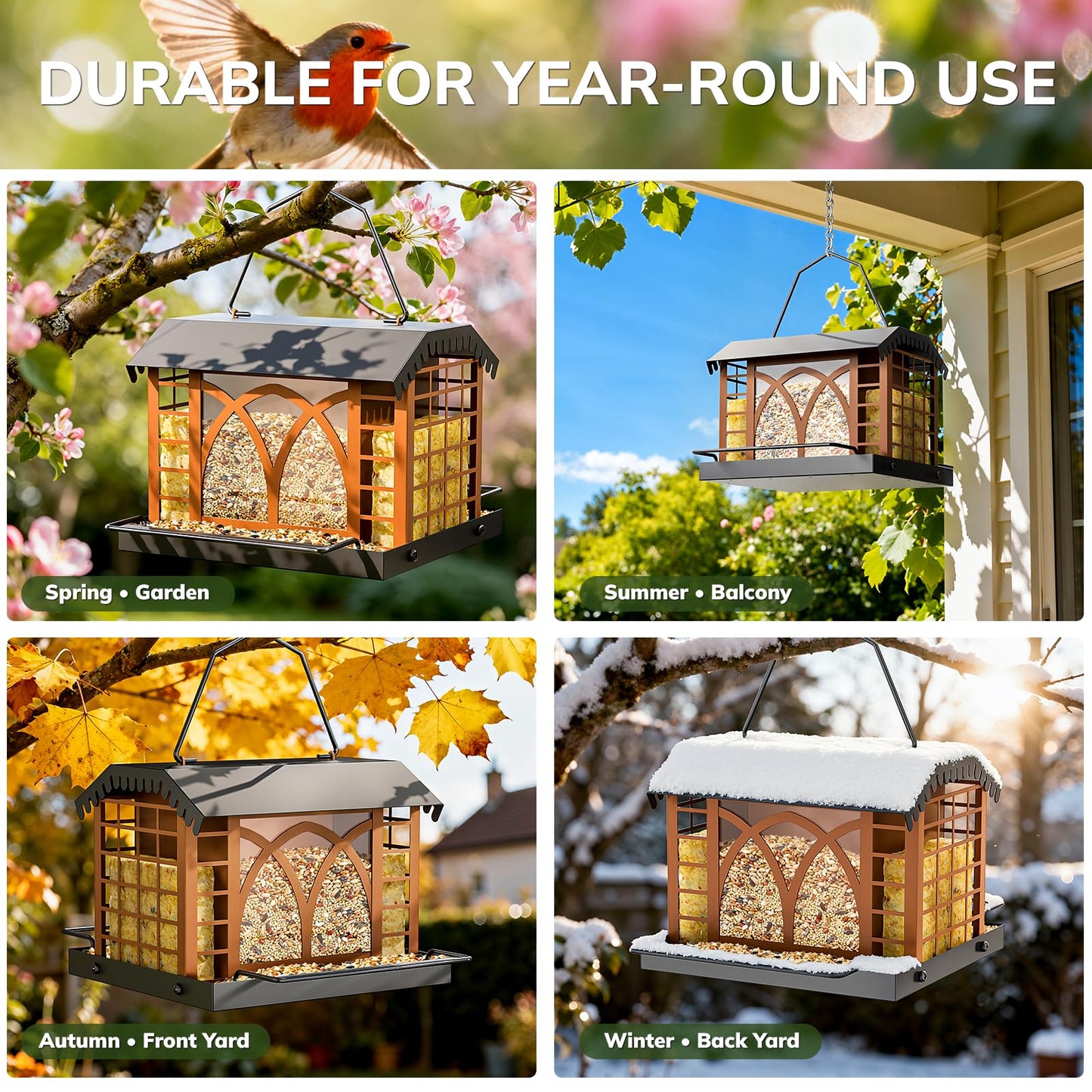 Bird Feeders for Outdoors Hanging, Metal Bird Feeder with Double Suet Cage Weatherproof Metal Roof, 3.5Lbs Large Capacity Great for Attracting Finch Cardinal Chickadee Wild Birds, Pinecone Brown