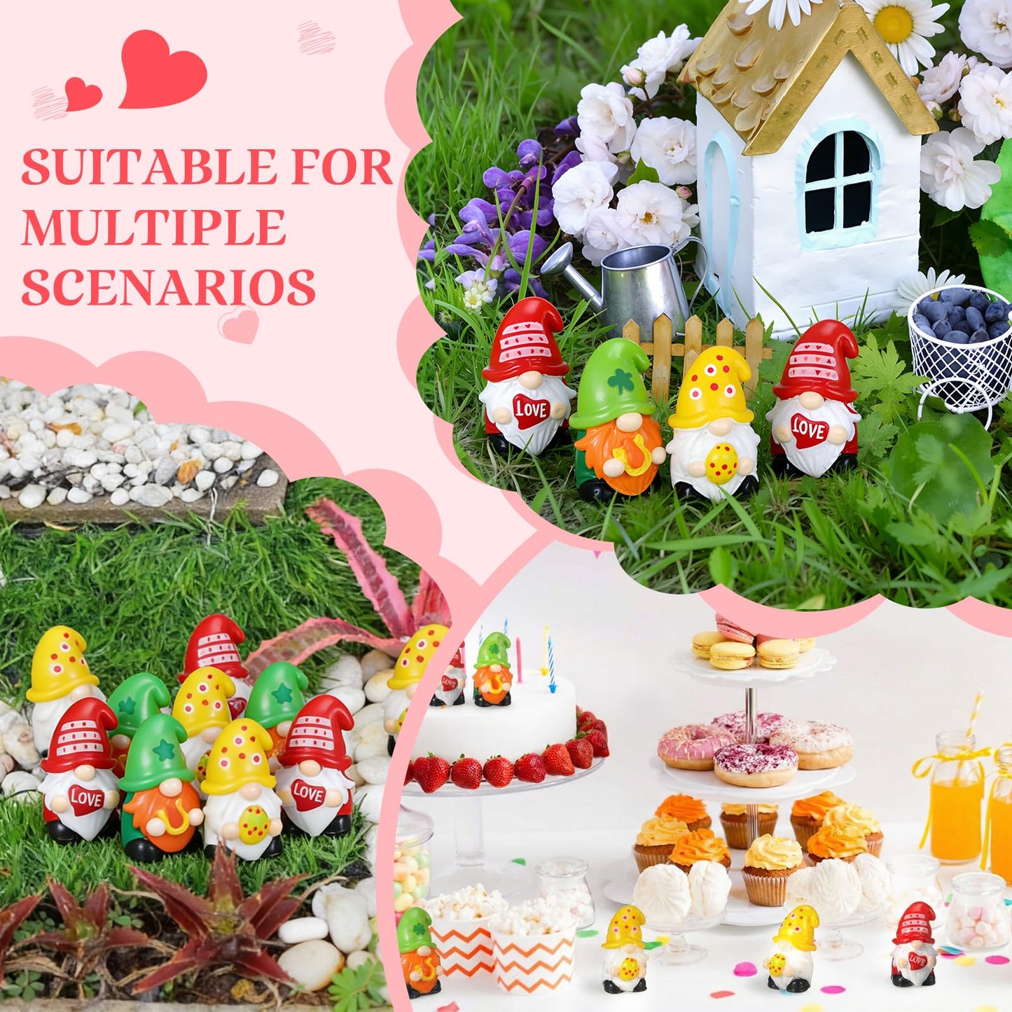 Qunclay 60 Pcs Mini Gnome Figurines, St. Patrick's Day and Easter Spring Decor, Shamrock Egg Heart Theme Resin Tabletop Ornaments for Tiered Tray, Home Table, Party Favors