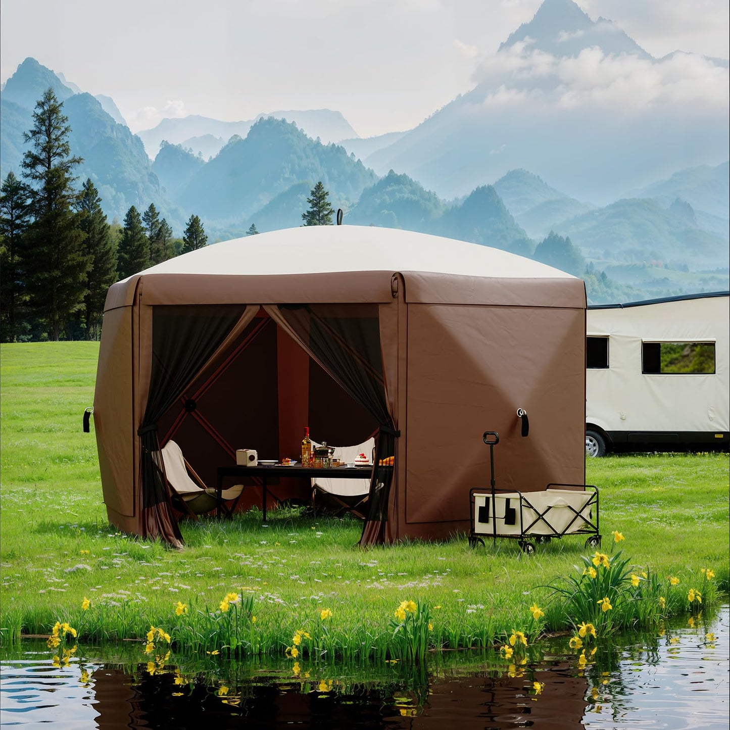 GarveeLife 11.5x11.5FT 6-Sided Pop Up Gazebo Tent,One-Push Setup Canopy Tent with Mesh Panels & Removable Wind Cloths, Outdoor shelter for Camping, Backyard Parties, Outdoor Events - Beige & Khaki