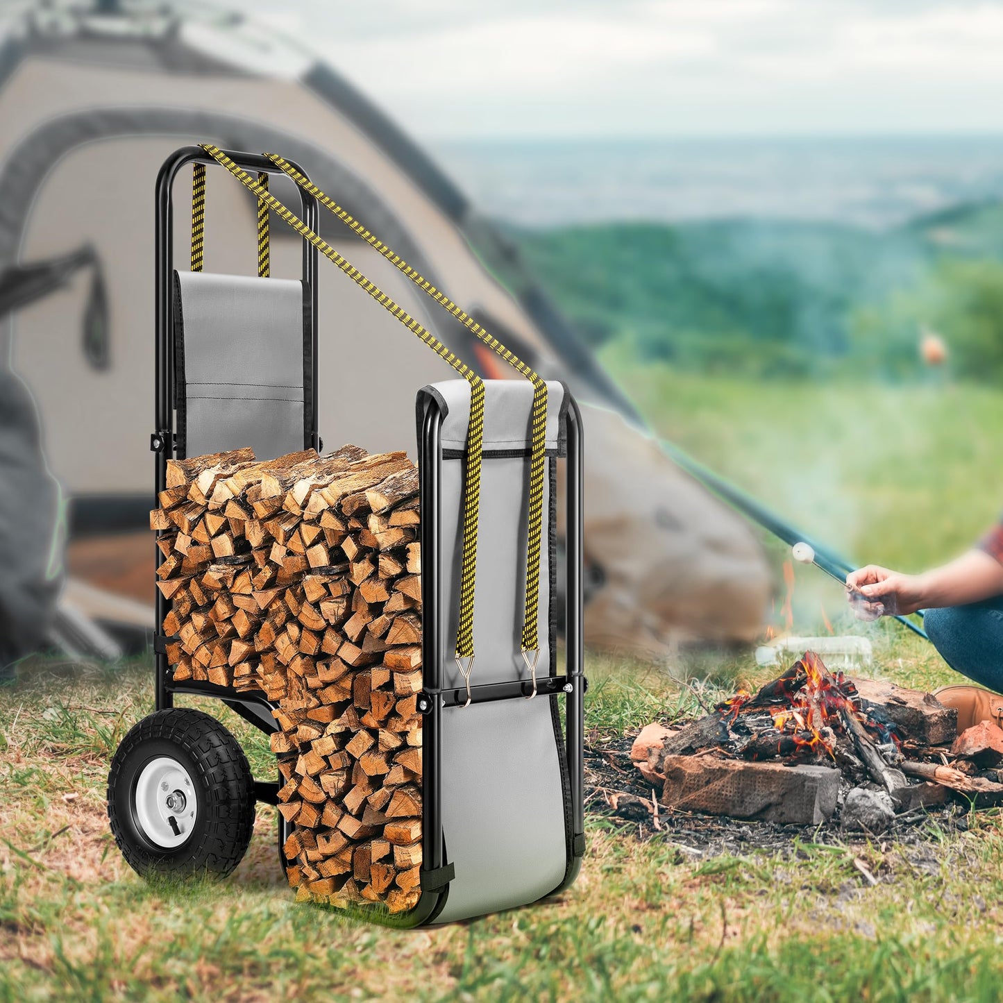 VIVOHOME Firewood Log Cart Carrier with Rubber Wheels and 600D Oxford Cloth, 250 LB Capacity Heavy Duty Steel Dolly Hauler, Rolling Wood Rack Storage Mover for Easy Transport Indoor Outdoor Use
