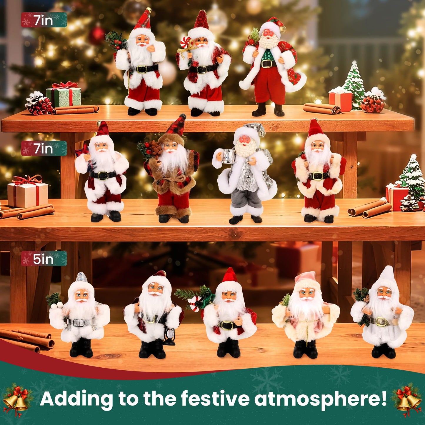 YBWM Santa Claus Figurines, Standing Santa Claus Decorations, Suitable for Christmas Trees, Fireplaces, Tabletop Decor, Window Display,3P
