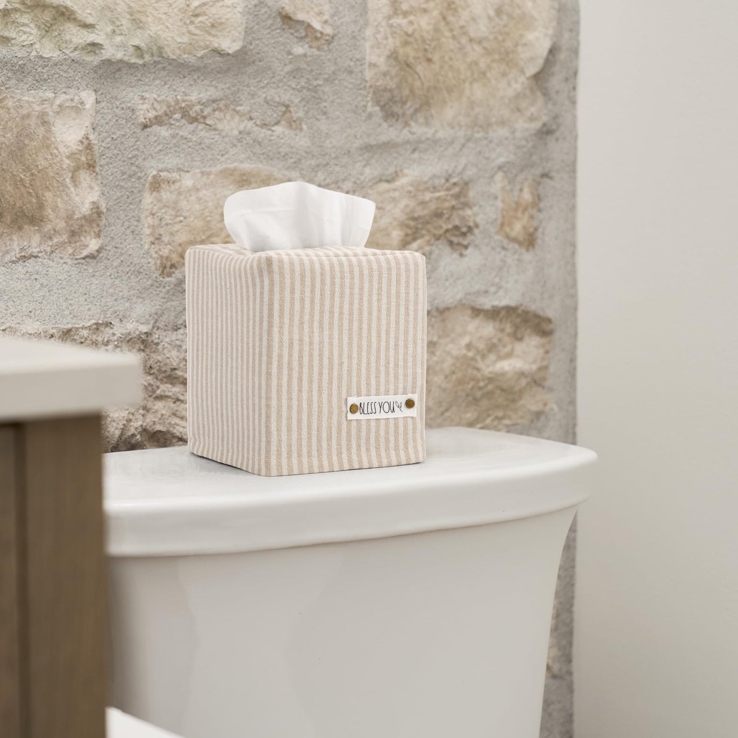 Stylish Tissue Box Cover - This Beige Striped Linen Holder Instantly Covers Your Square Tissue Boxes - The Perfect Cube Cover for Your Bathroom and Home