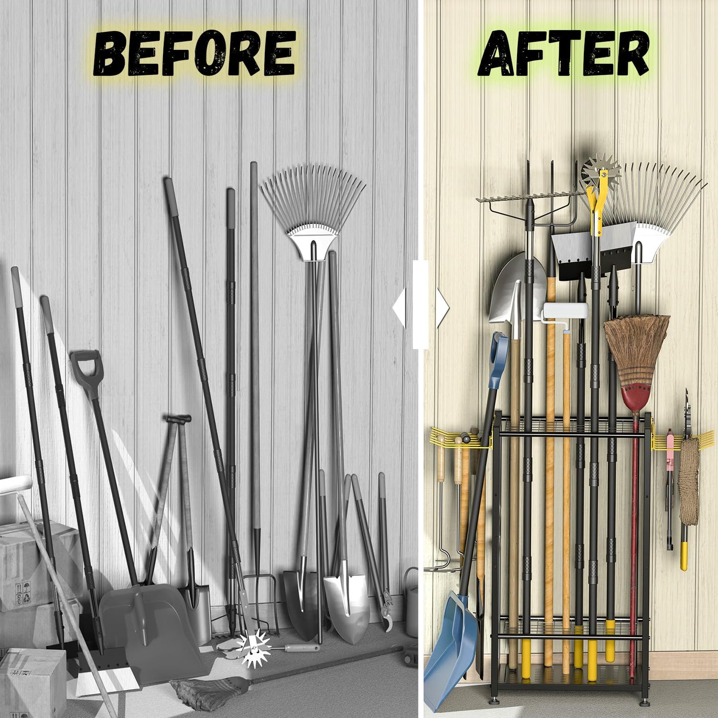 BlumeTrec Garden Tool Organizer, Up 48 Long Handle Tool, Garage Storage and Organization with Side Hook for Broom/Rake/Shovel/T-Handle Tool, Heavy Duty Steel Outdoor Tool Rack,Yard Tool Stand for Shed