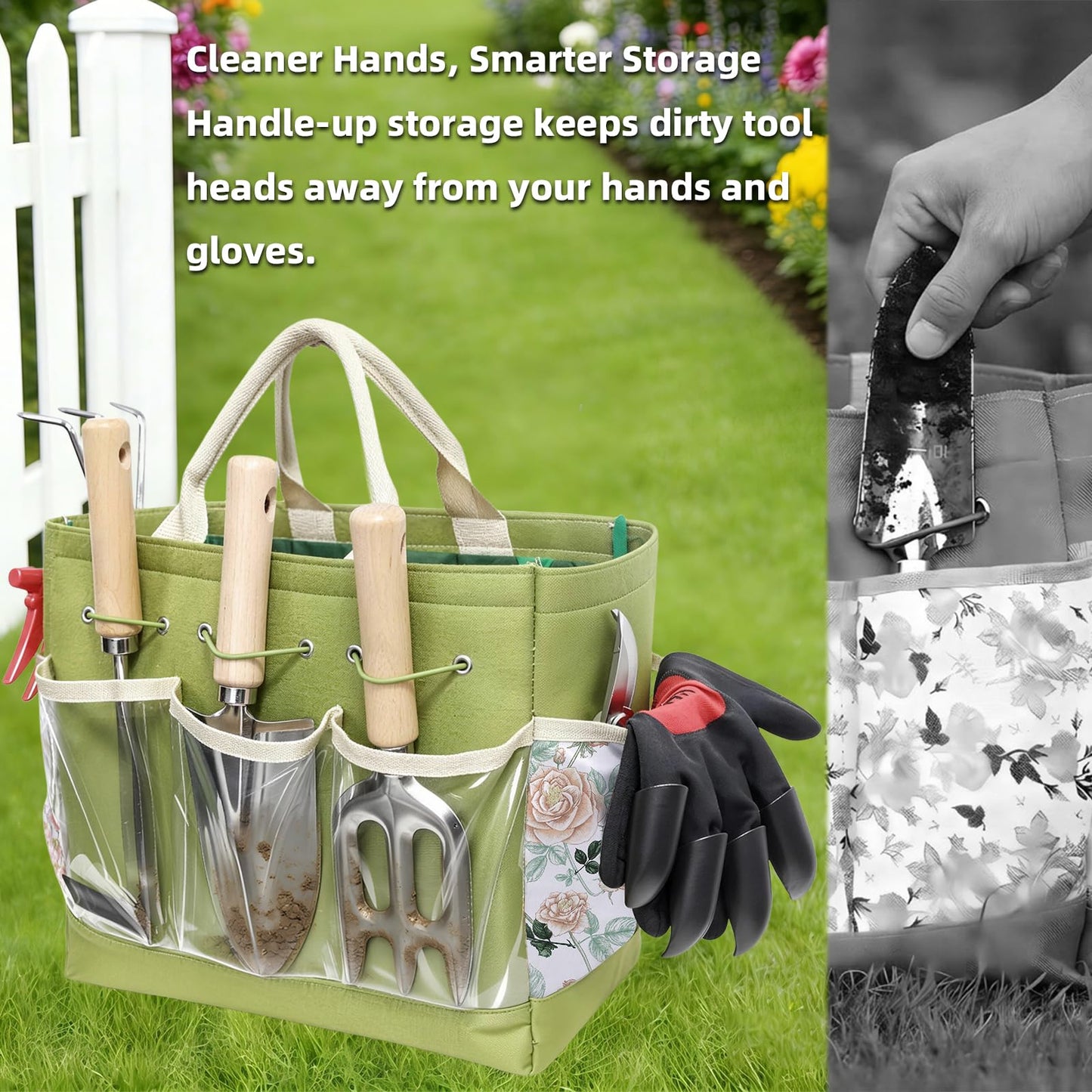 Garden Tools Set, 9-Piece Heavy Duty Gardening Tools with Clear Pocket Tote Bag, Stainless Steel Garden Hand Tools for Digging, Planting, Weeding and Pruning, Durable Gardening Kit