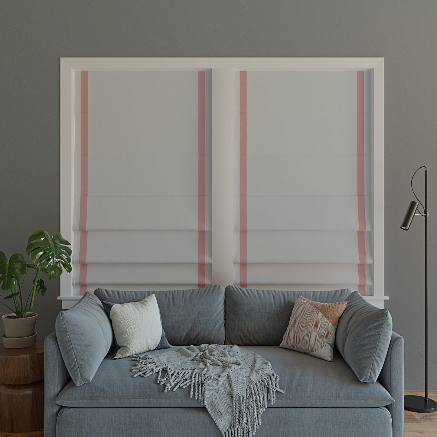 Sun Zero Marline Pink Ribbon Border 100% Total Blackout Cordless Roman Shade, Pink/White, 35" W x 64" H