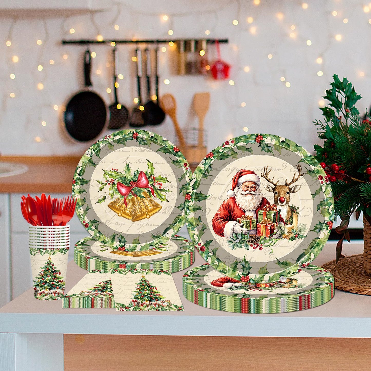 140 Pcs Christmas Party Supplies Set, Disposable Dinnerware Set for 20 Guests Includes 7 & 9 Inch Santa & Reindeer Paper Plates, Napkins, Cups, Forks, Spoons, Knives for Holiday Tableware