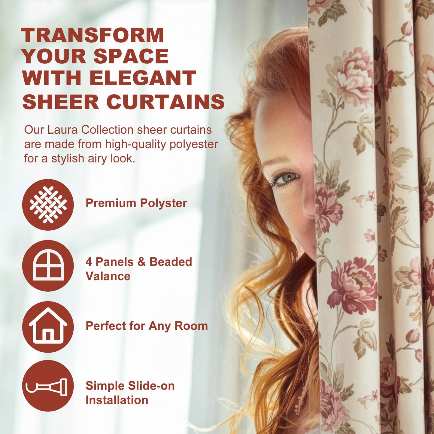 YHSF Sheer Curtains Laura Collection - 4 Panel Set, 84 Inches Long - Elegant Curtains for Bedroom & More - Valances with Beads & 2 tiebacks - 55” x 84" - Multicolor, Floral Rose Solid Beige