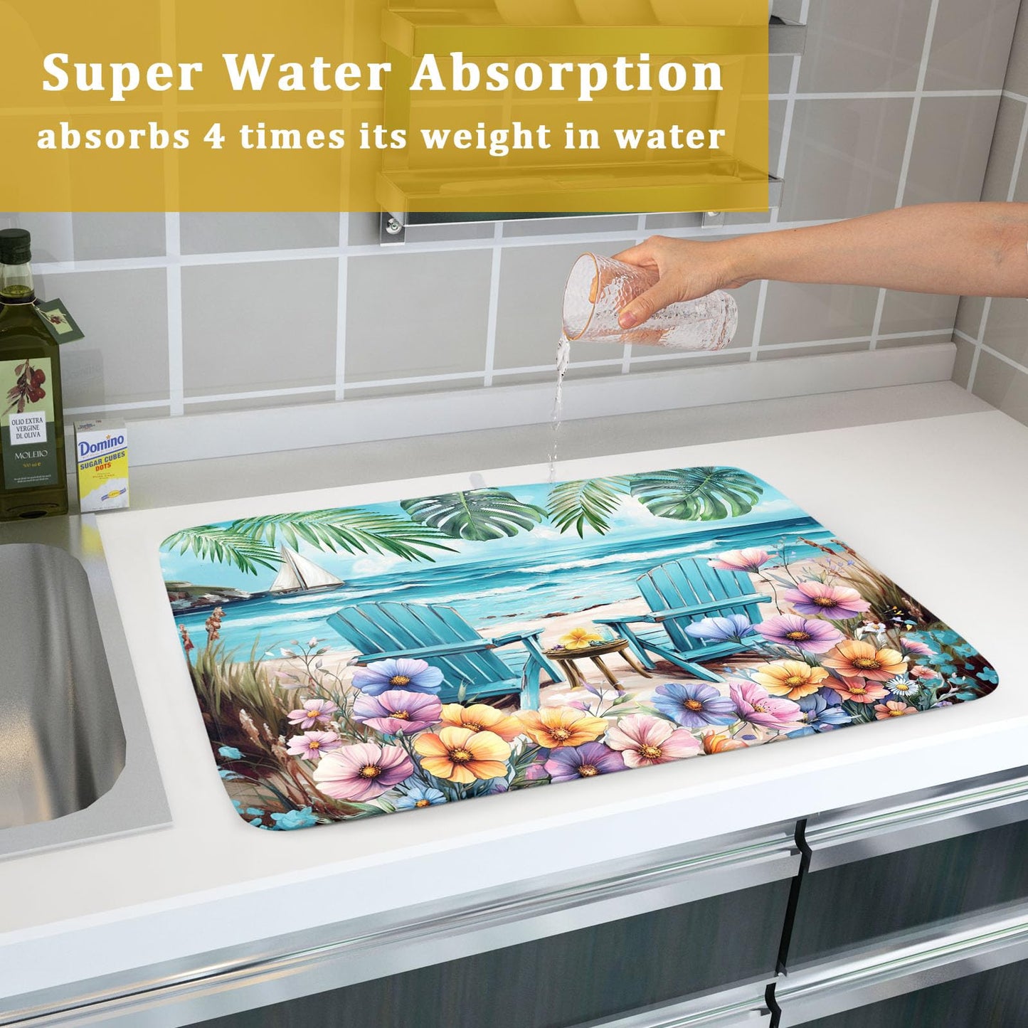 Spring Summer Sea Chair Dish Drying Mat for Kitchen Counter,Coastal Beach Palm Leaf Flowers Drying Mat 18 x 24 Inch with Absorbent Reversible Microfiber Drying Pad for Coffee Bar