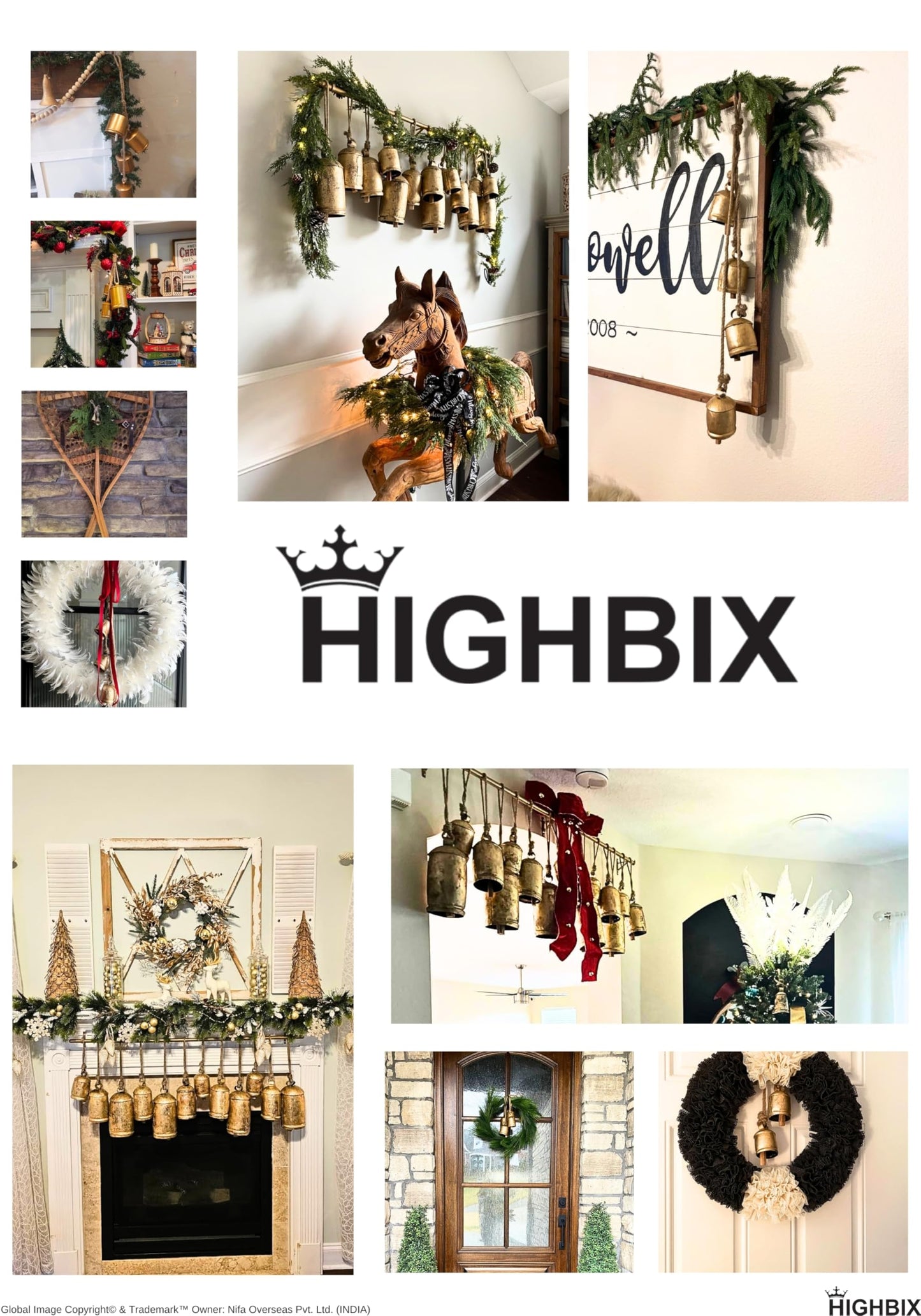 HIGHBIX Shabby Chic Hanging Bells Cluster โ Rustic Handmade Metal Bell Dรฉcor for Wall, Door, Garden, or Festive Decoration (1, Heart Cone)