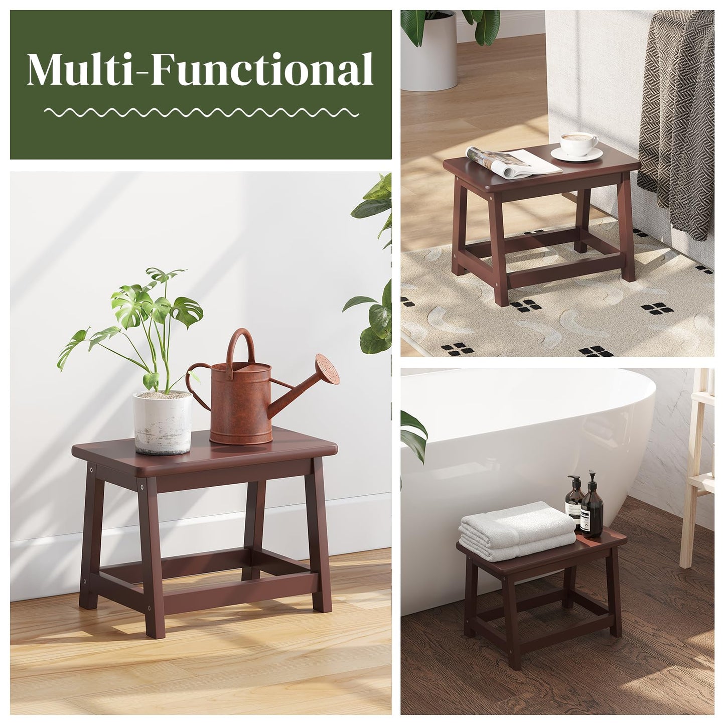 PULIJIAJU Wooden Step Stool for Adults and Kids, Step Stool for High Bed with Non-Slip Feet, Vanity Bench for Bedroom, Living Room and Kitchen (Coffee-Small)
