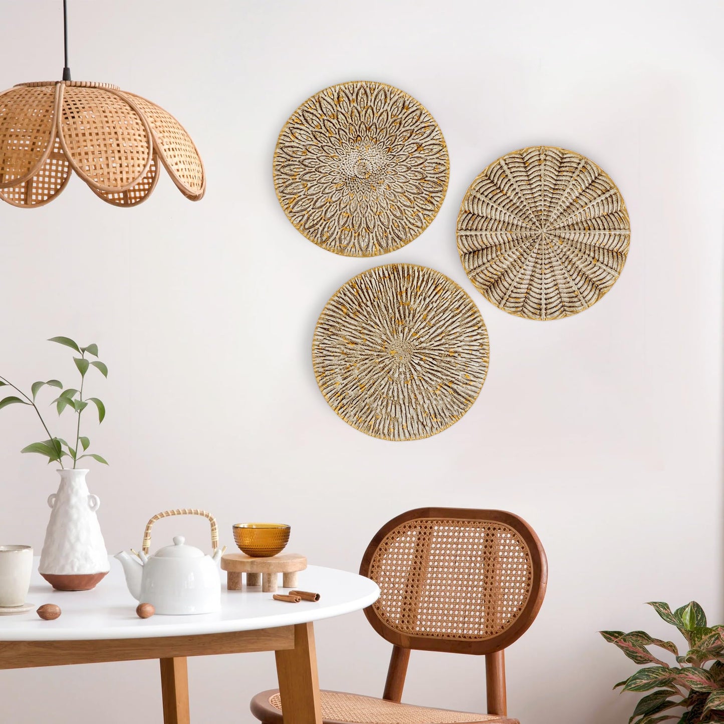 Arborus Set of 3 Rustic Floral Round Metal Wall Art - Intricate 3D Design with Sturdy Hooks, Gold and Beige Decorative Plates (11.8" Diameter)