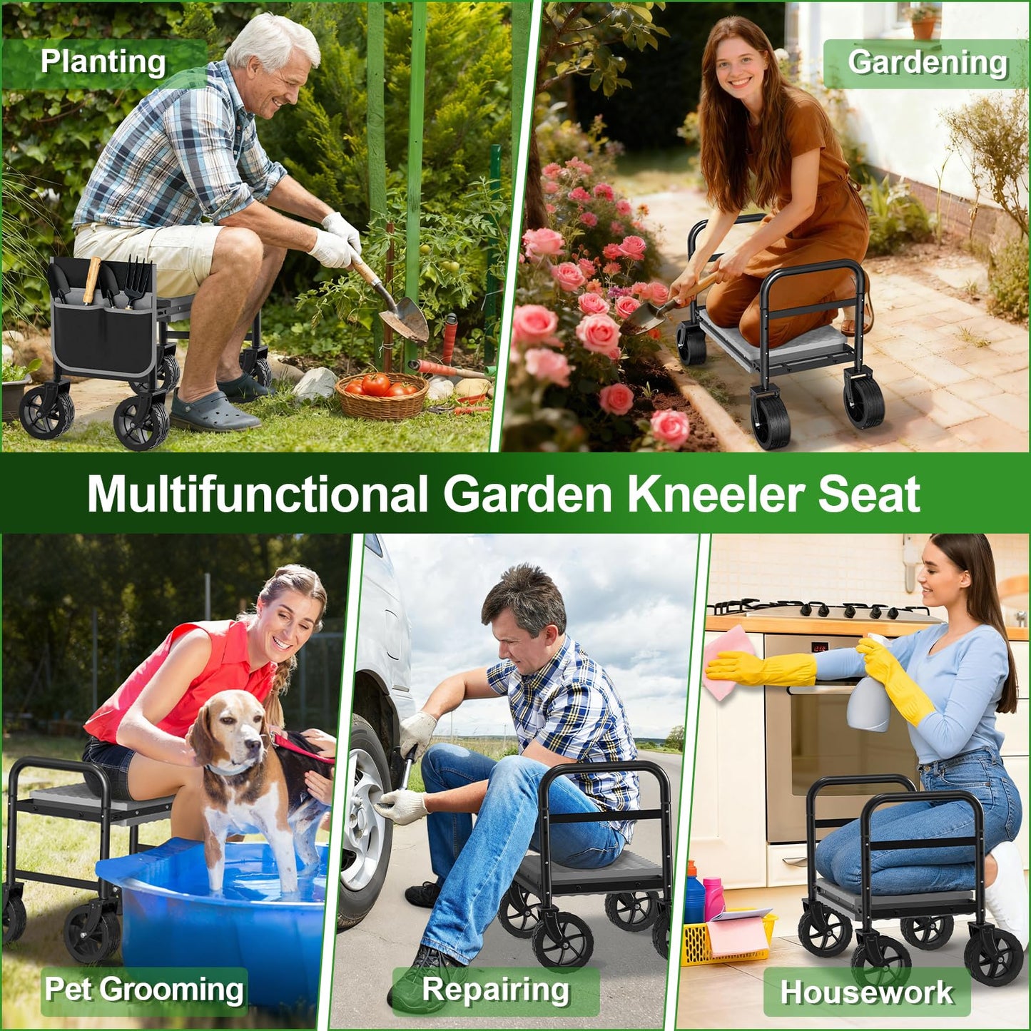NIUXX Garden Kneeler and Seat with 360° Wheels: 3-in-1 Rolling Garden Stool with Extendable Legs - Foldable Garden Seat with Thick Pad & Tool Pouches - Heavy Duty Gardening Bench for Seniors