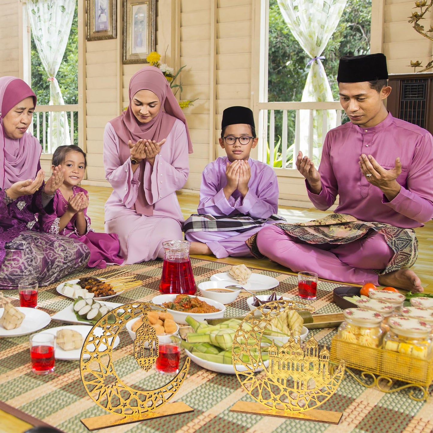 Hinsly Wood Ramadan Decorations for Home Islamic Eid Mubarak Kareem Table Sign Moon Hollow Star Ornament for Muslim Party Tabletop Decor Art Craft Decoration Golden Moon 2 Pieces
