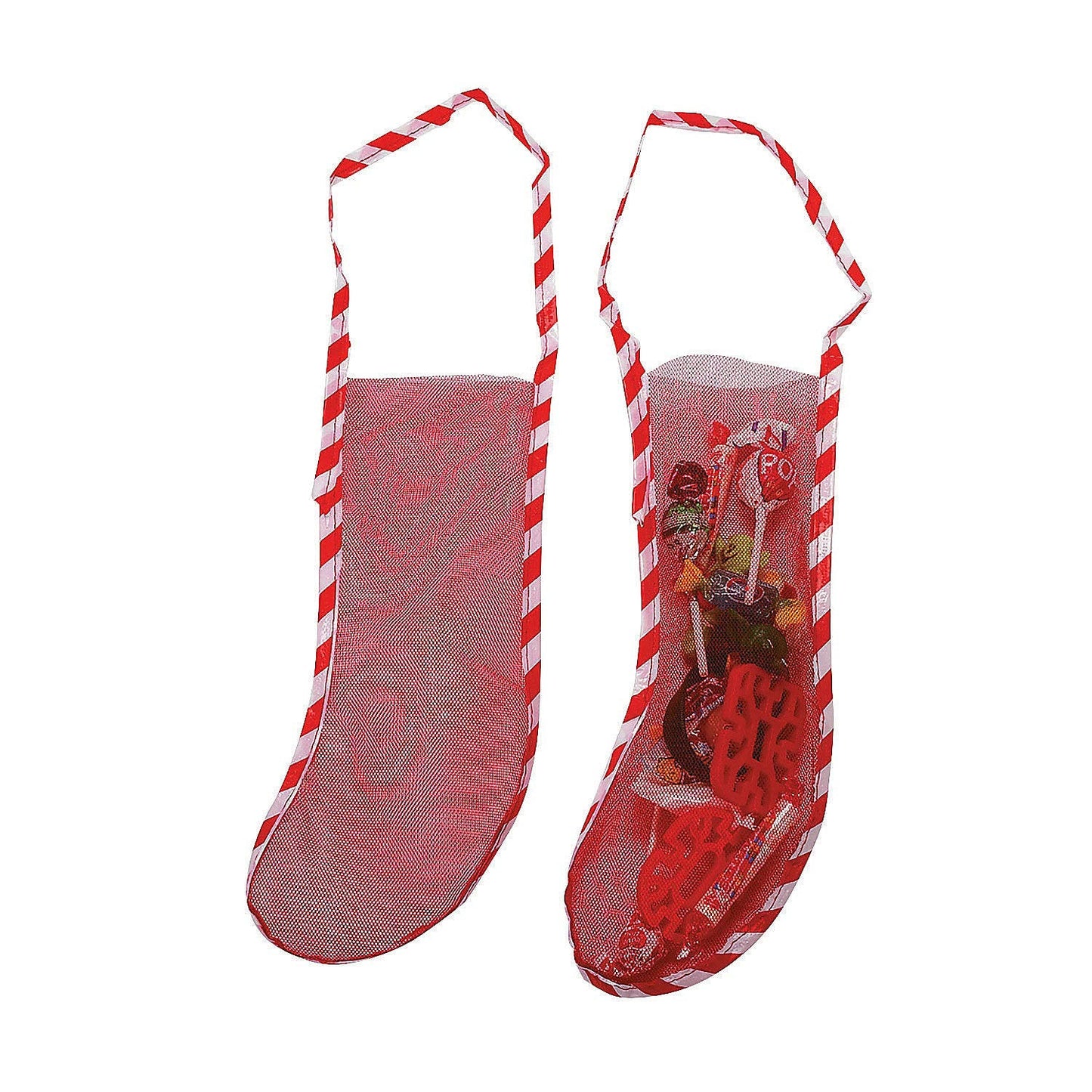 Fun Express Mini Christmas Stockings Bulk 10 Pack - Red Mesh Holiday Stockings for Kids Classroom Party Favors | Small 12 Inch Plastic Goody Bags for Candy & Treats | Christmas Party Decor Supplies