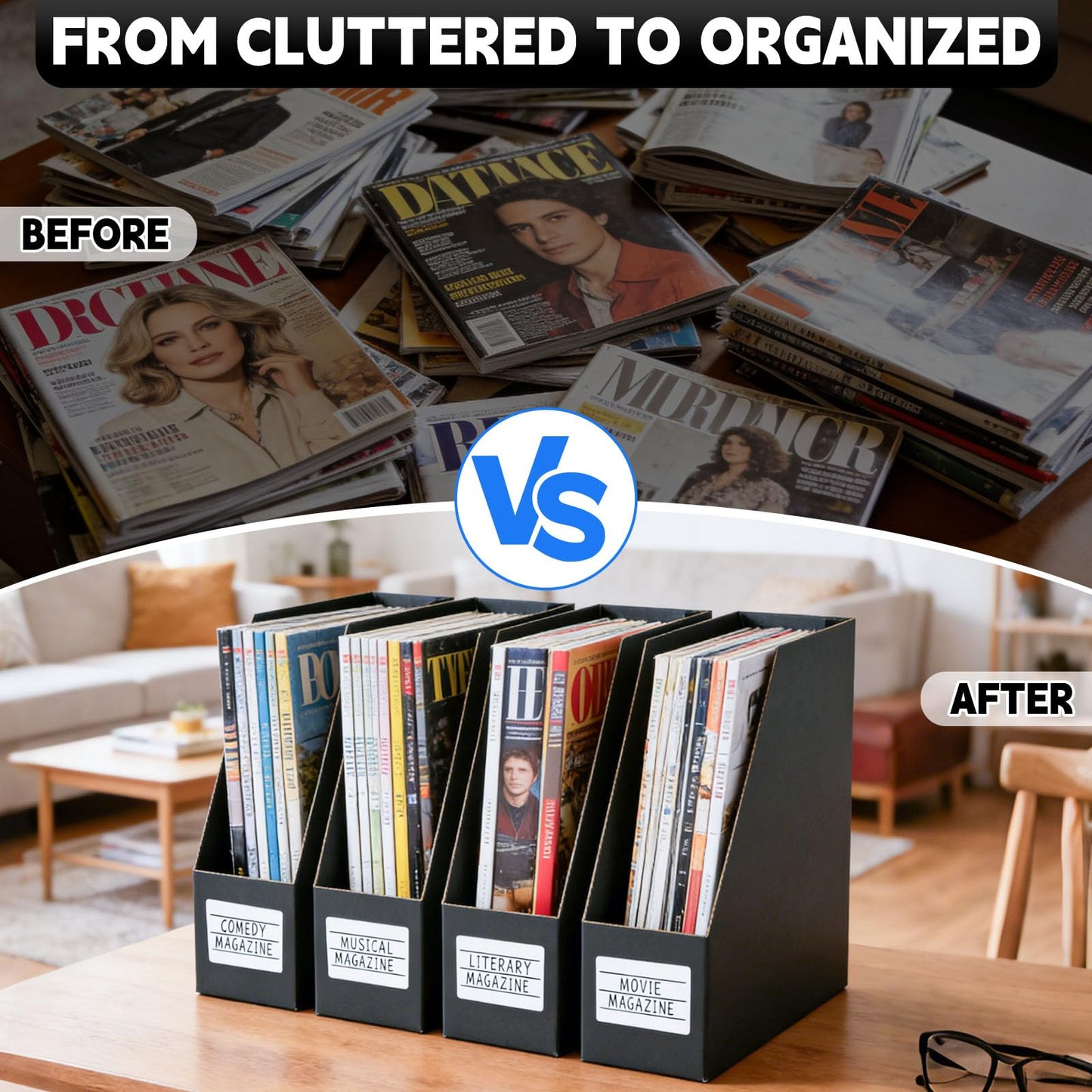 YOTINO Black Magazine Holder, 8 Pack Cardboard Magazine File Holders, Vertical Desktop File Holder Organizer, Sturdy Magazine Rack for Office, Home and Classroom