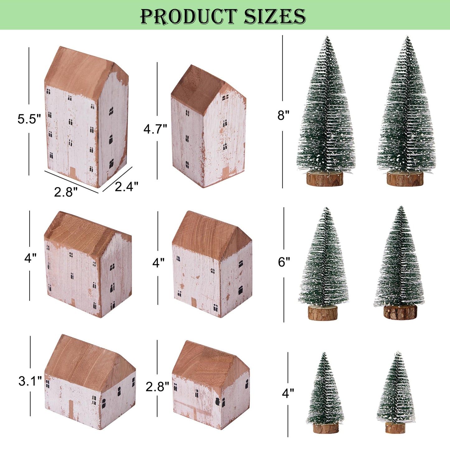 Mokof 12 Pcs Christmas Village Set - 6 Wooden Houses and 6 Snowy Trees, Farmhouse Christmas Decorations Indoor for Tabletop, Mantel, Shelves Holiday Decor (2.8" to 5.5" Tall)