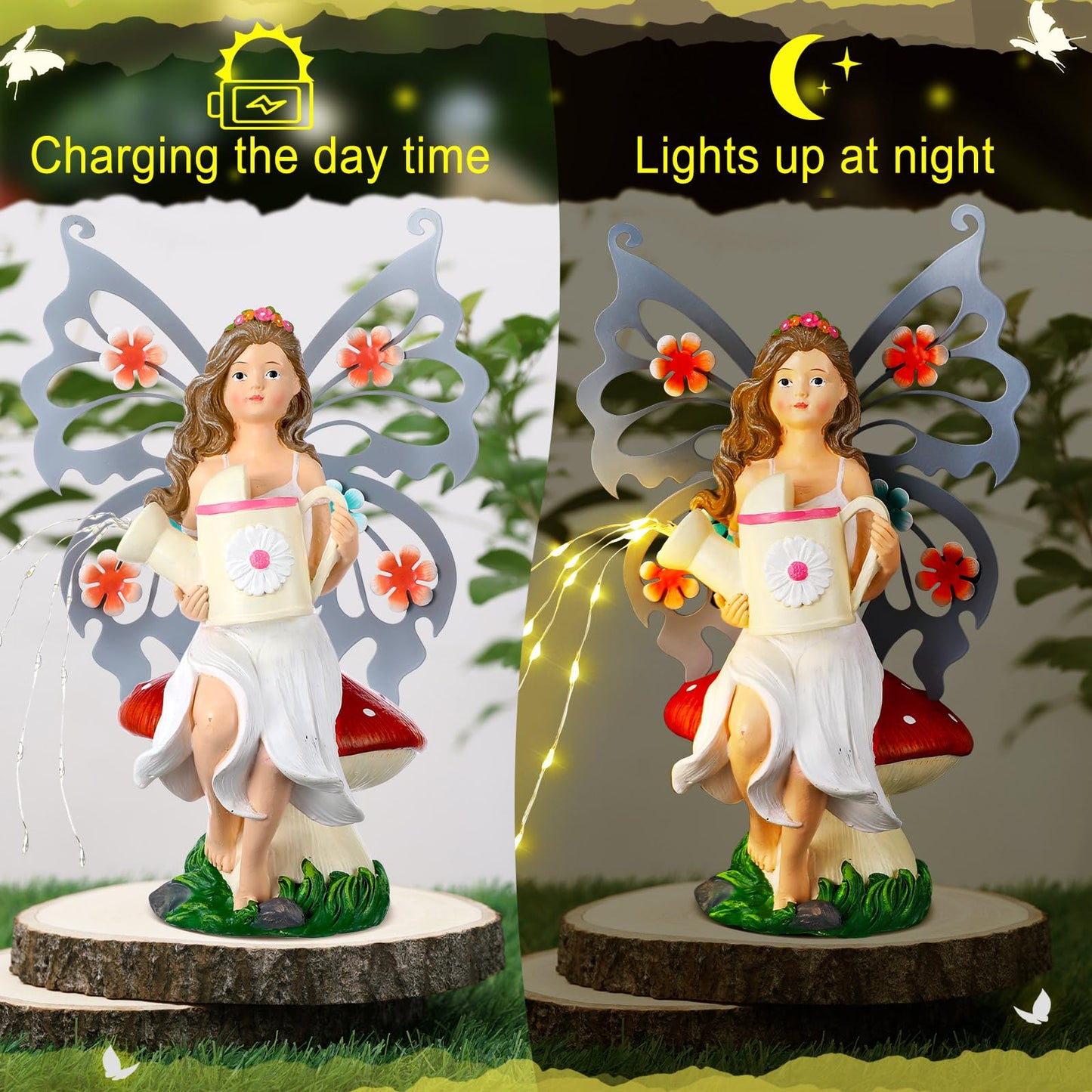 Cinnvoice 9. 8'' H Fairies Garden Figurines Garden Accessories Butterfly Wing Fairy Figurine Mushroom Decor Solar Luminous Watering Can Resin Statue for Outdoor Indoor Patio Yard Home Decorations